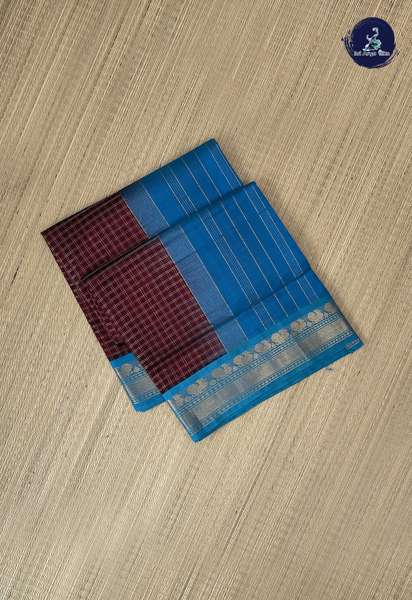Brown Korvai Silk Cotton Saree With Zari Checked Pattern