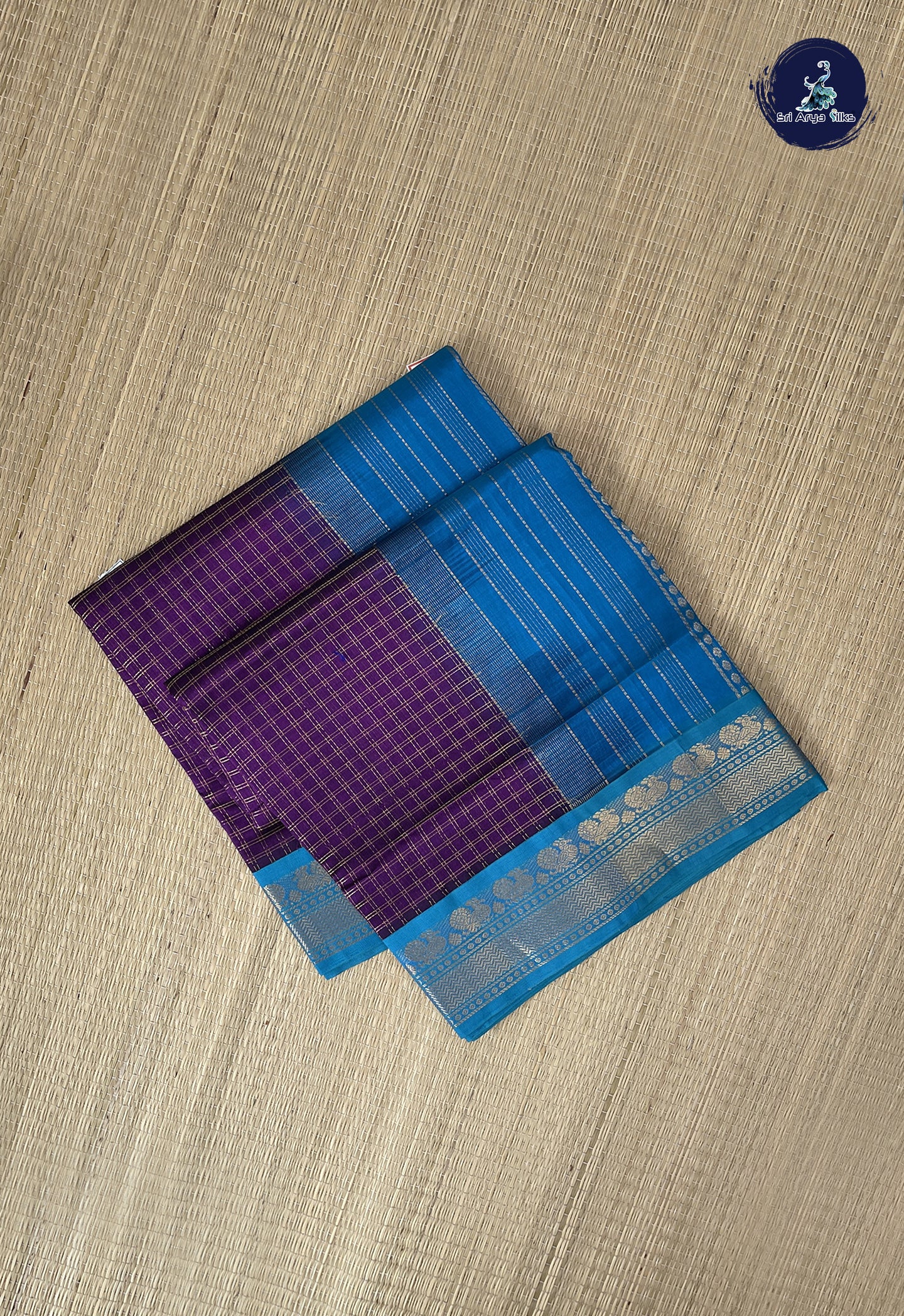Dark Brinjal Korvai Silk Cotton Saree With Zari Checked Pattern