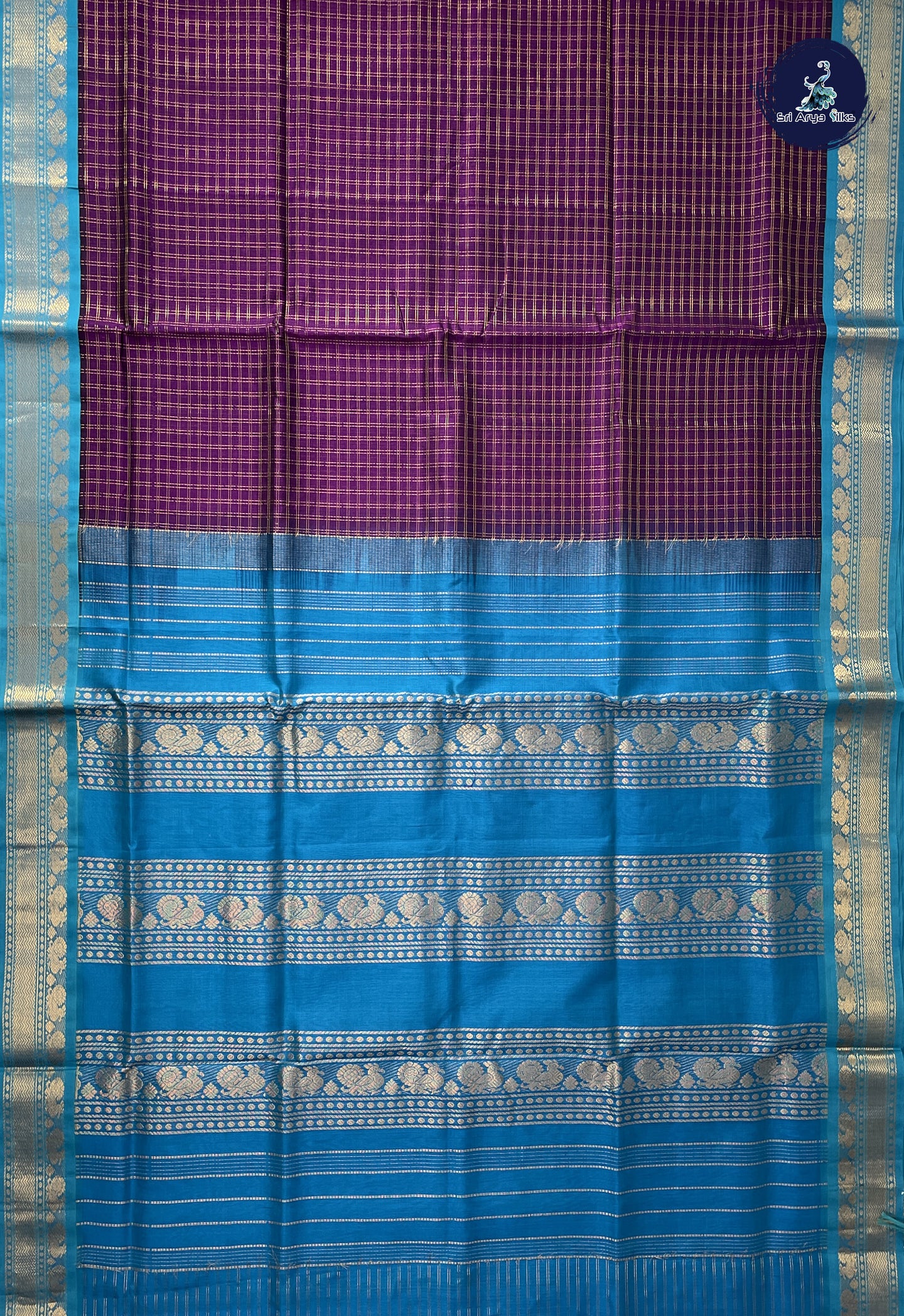 Dark Brinjal Korvai Silk Cotton Saree With Zari Checked Pattern