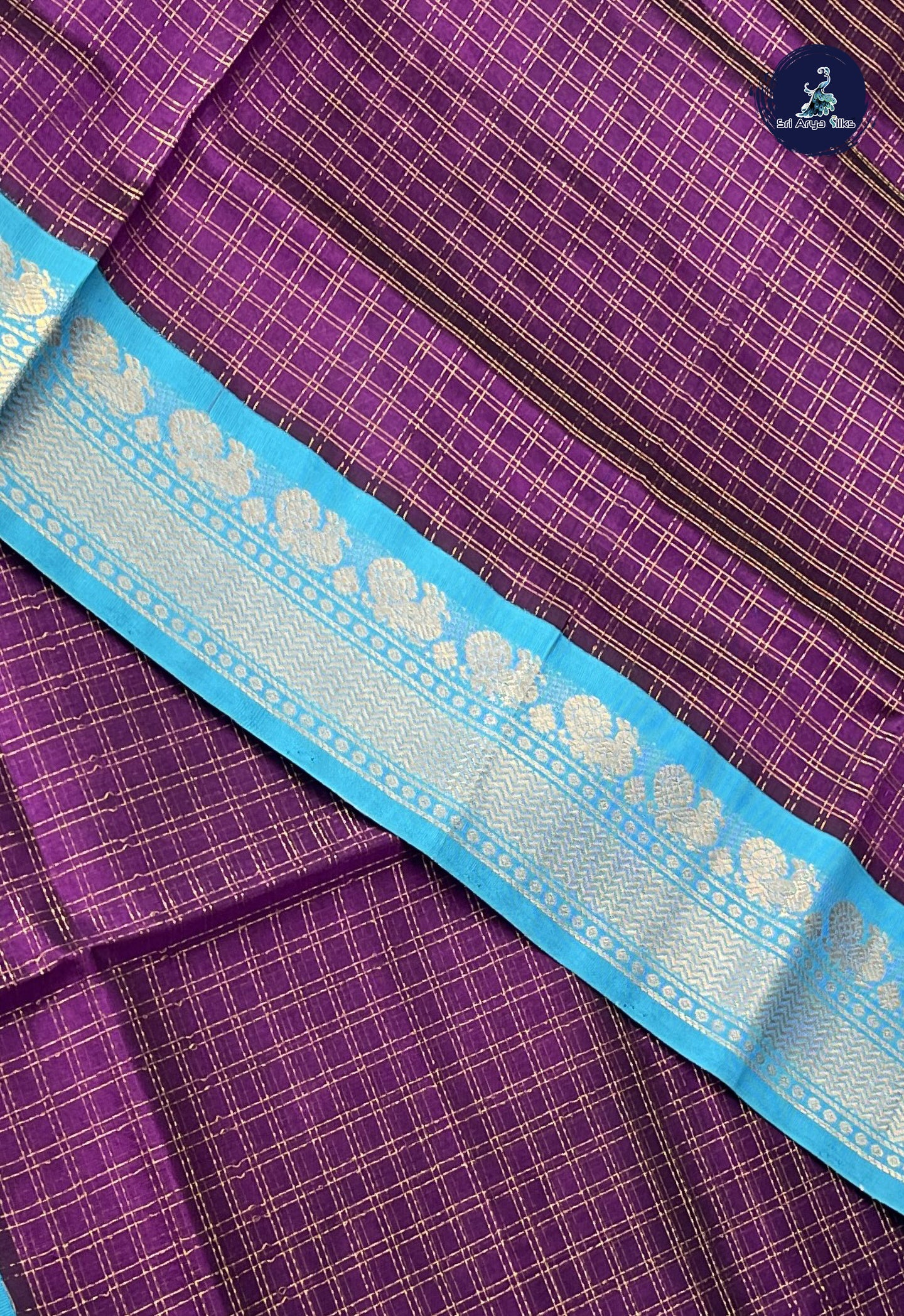 Dark Brinjal Korvai Silk Cotton Saree With Zari Checked Pattern