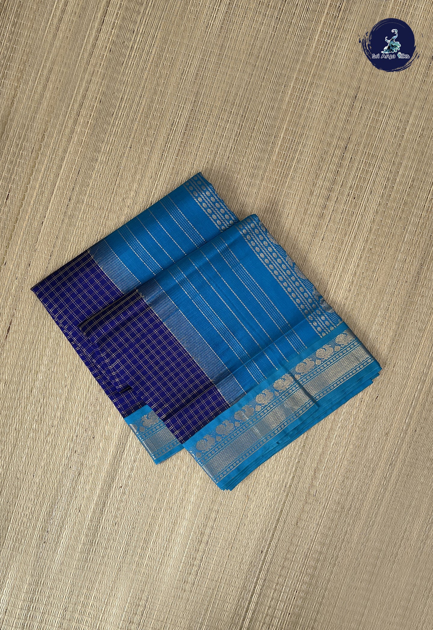Royal Blue Korvai Silk Cotton Saree With Zari Checked Pattern