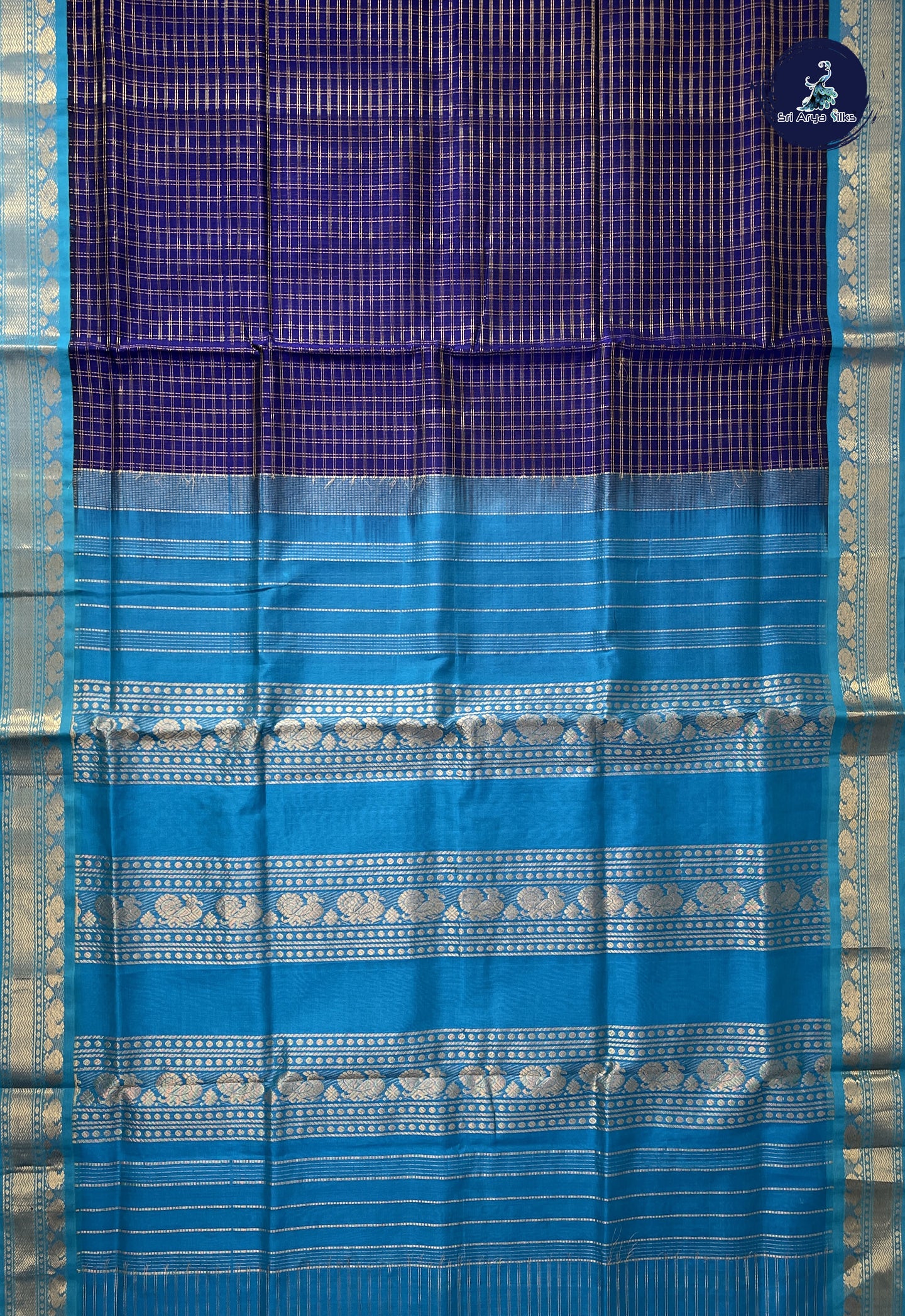 Royal Blue Korvai Silk Cotton Saree With Zari Checked Pattern