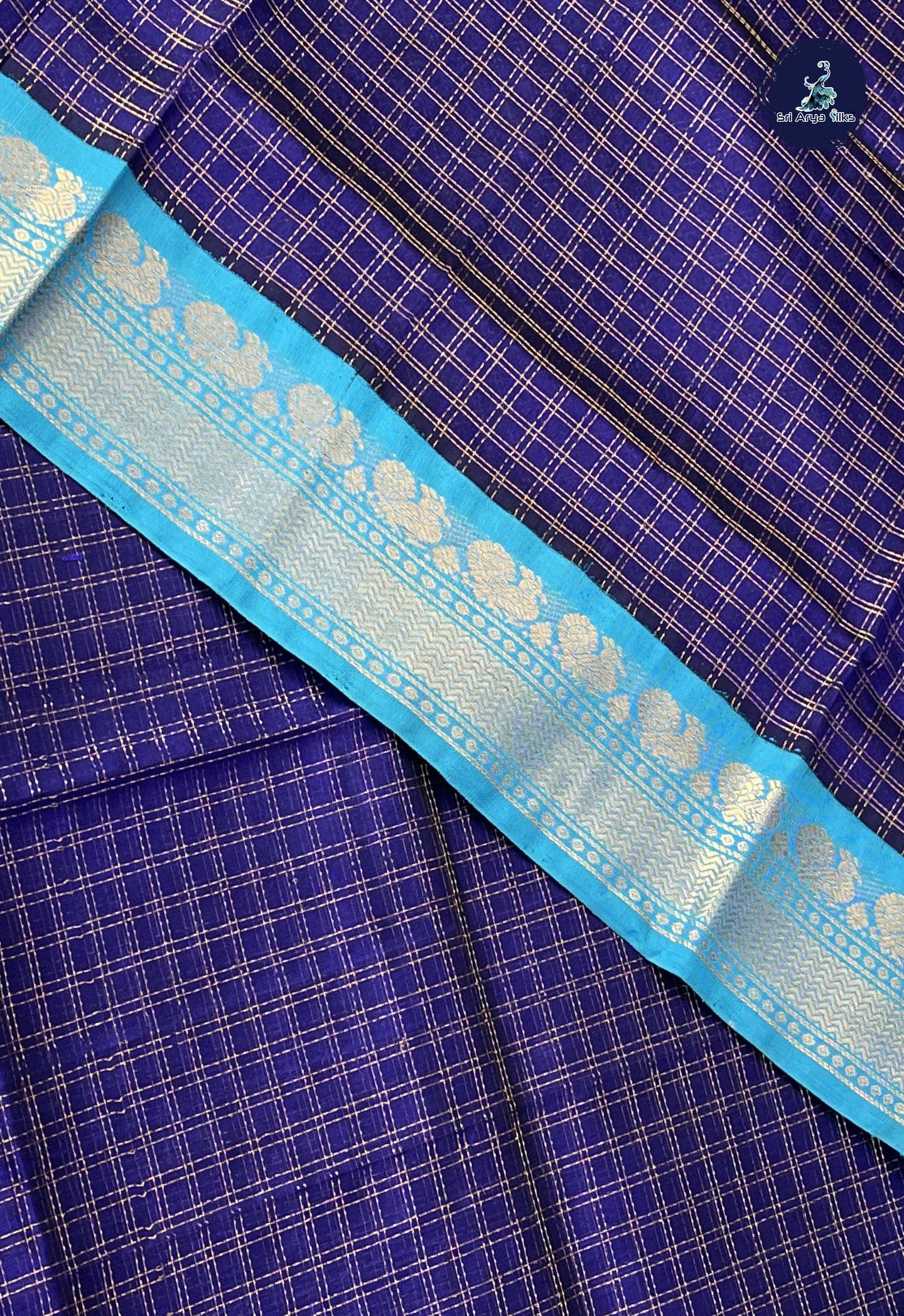 Royal Blue Korvai Silk Cotton Saree With Zari Checked Pattern