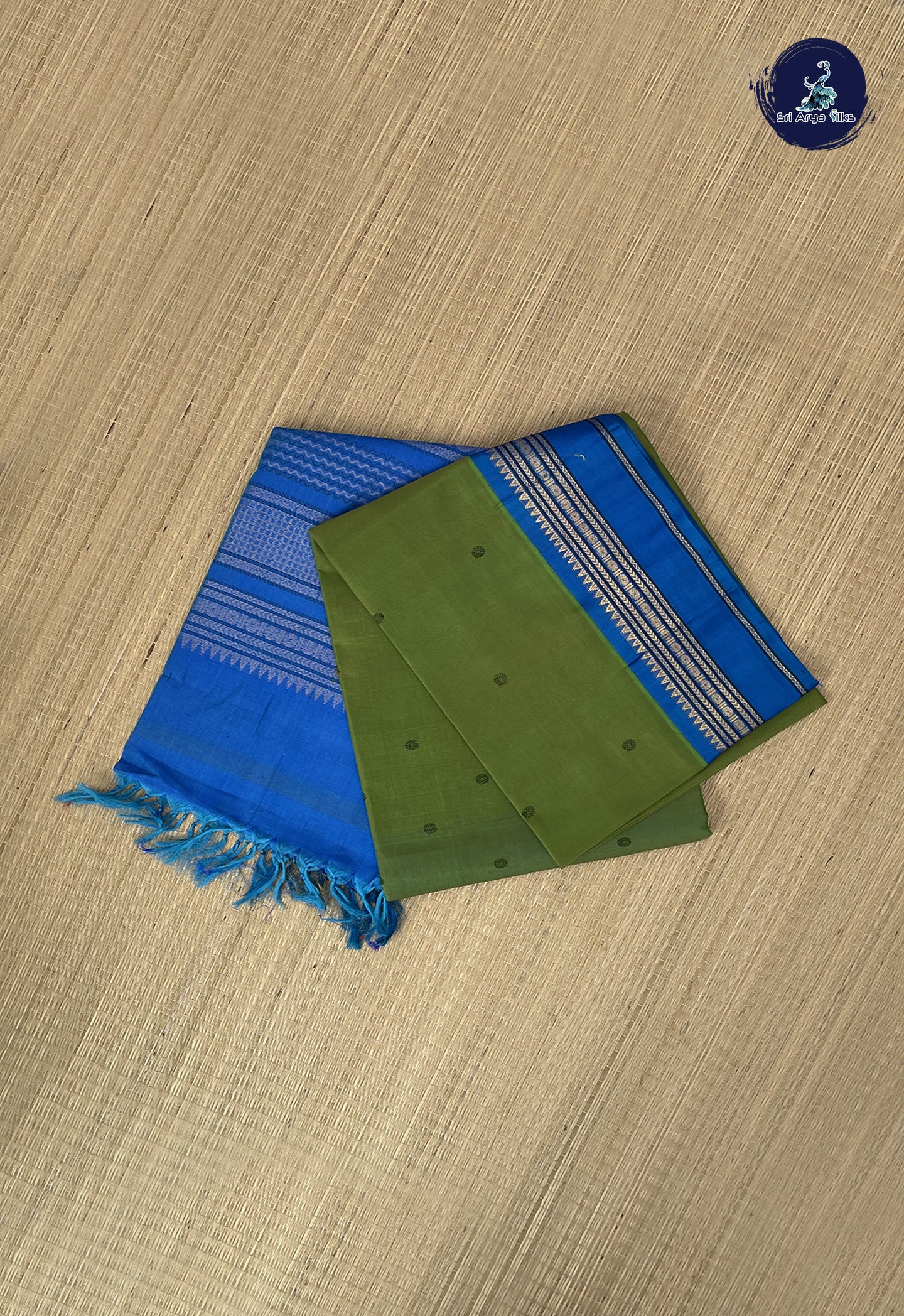 Parrot Green Korvai Silk Cotton Saree With Buttas Pattern