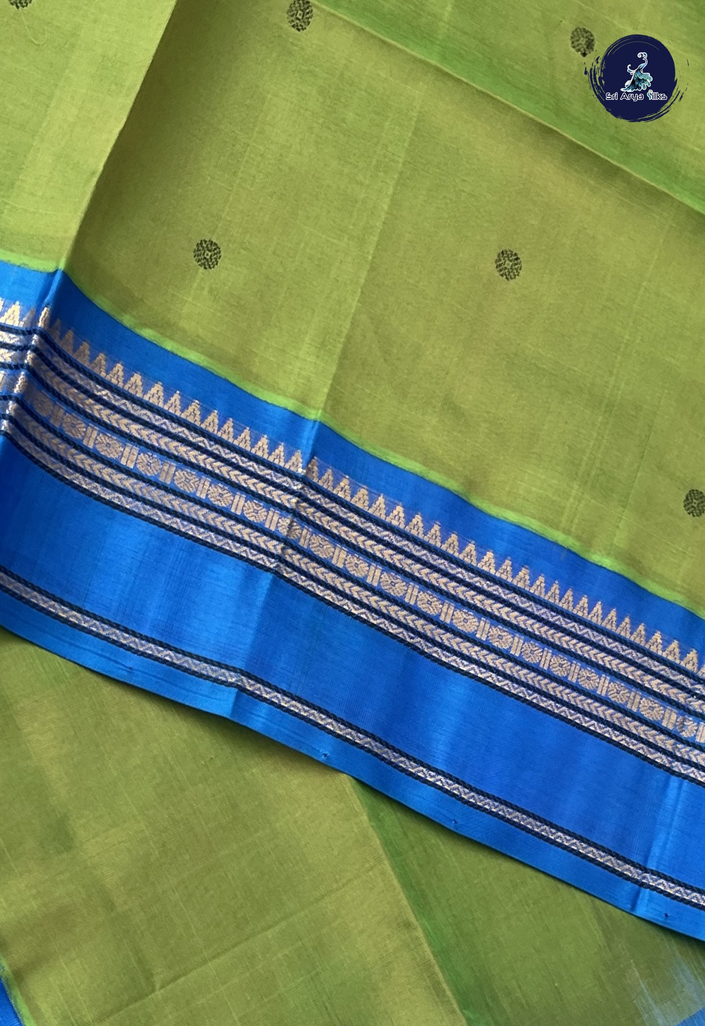 Parrot Green Korvai Silk Cotton Saree With Buttas Pattern