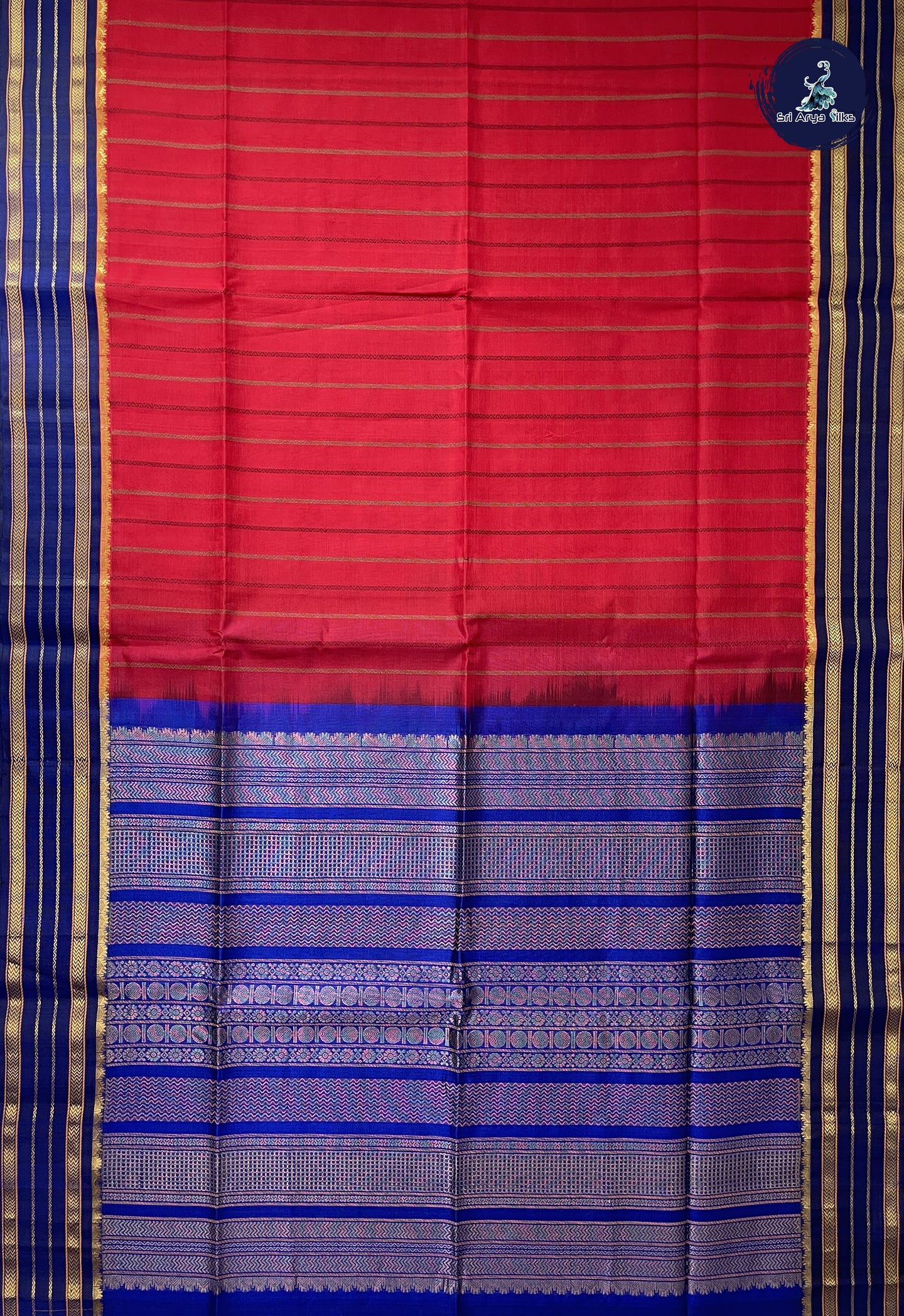 Red Korvai Silk Cotton Saree With Stripes Pattern