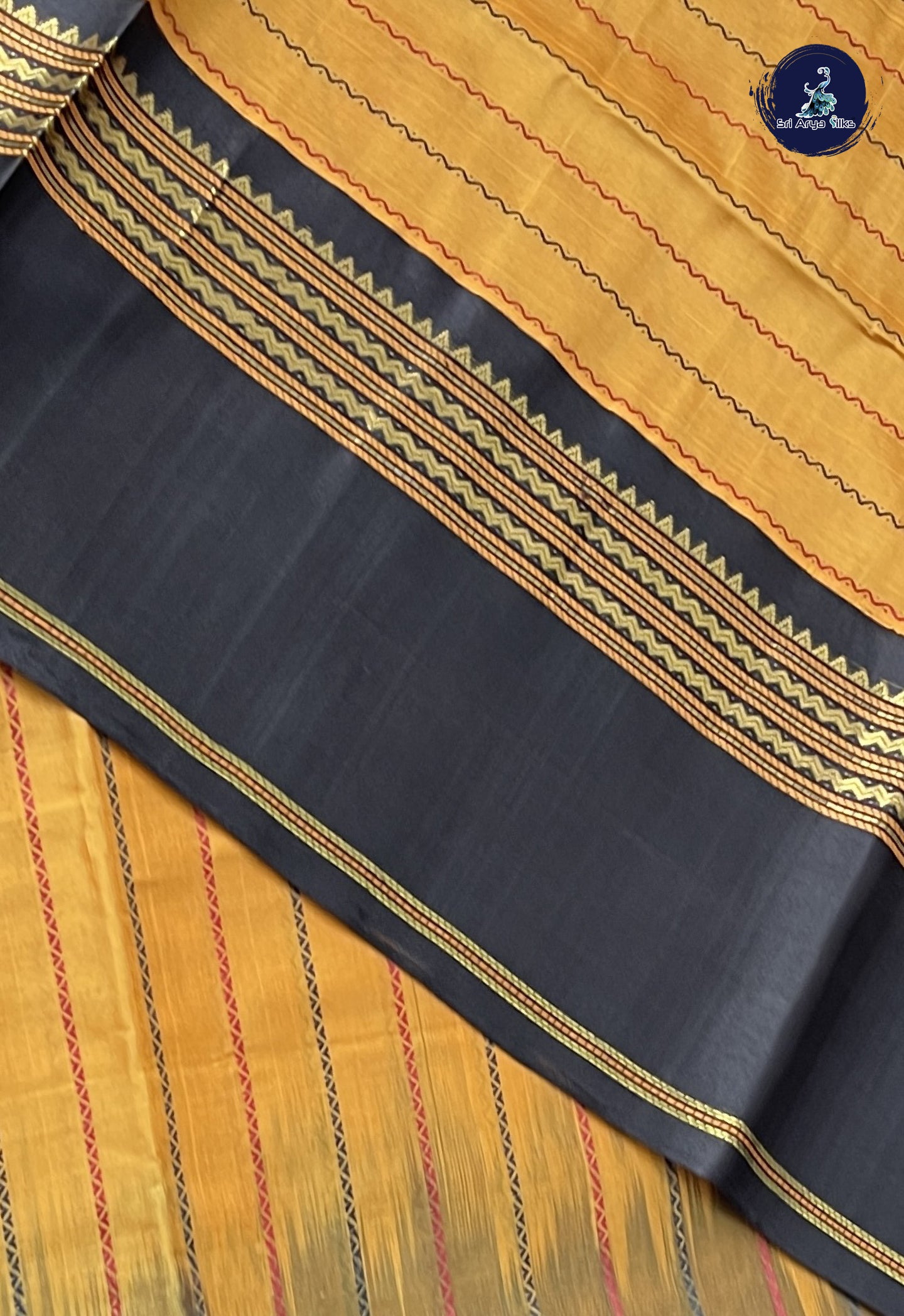 Mustard Korvai Silk Cotton Saree With Veldhari Stripes Pattern