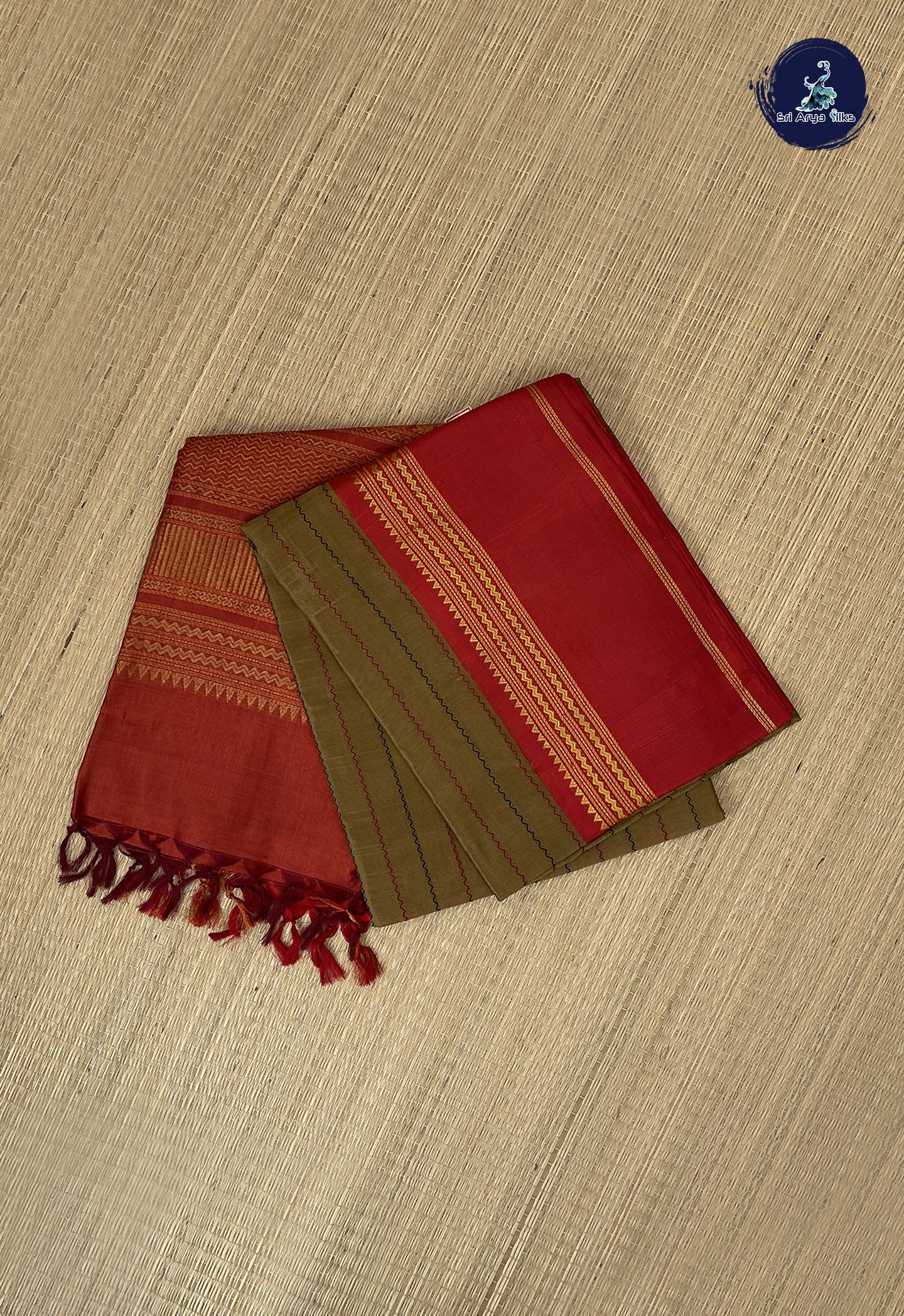 Khaki Korvai Silk Cotton Saree With Veldhari Stripes Pattern