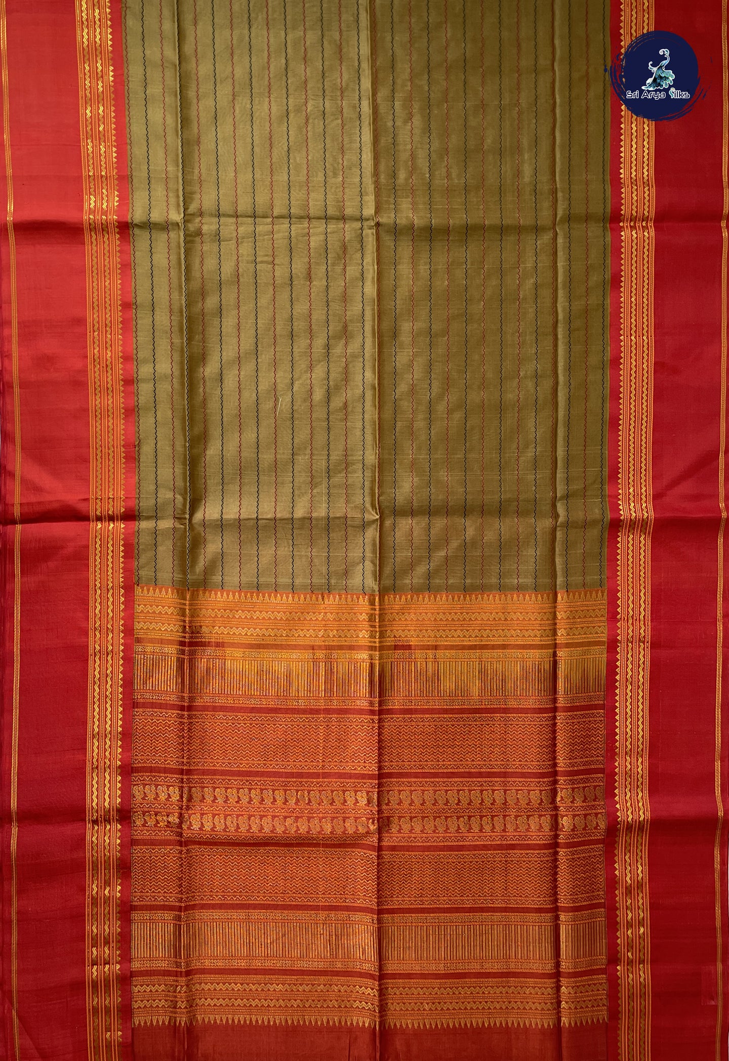 Khaki Korvai Silk Cotton Saree With Veldhari Stripes Pattern