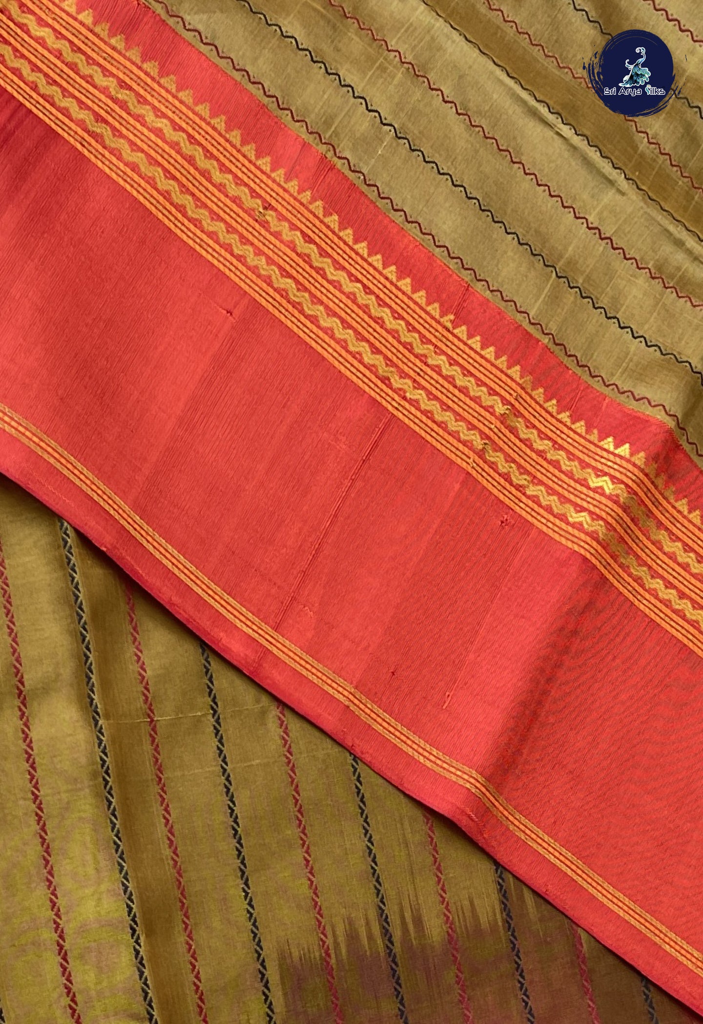 Khaki Korvai Silk Cotton Saree With Veldhari Stripes Pattern