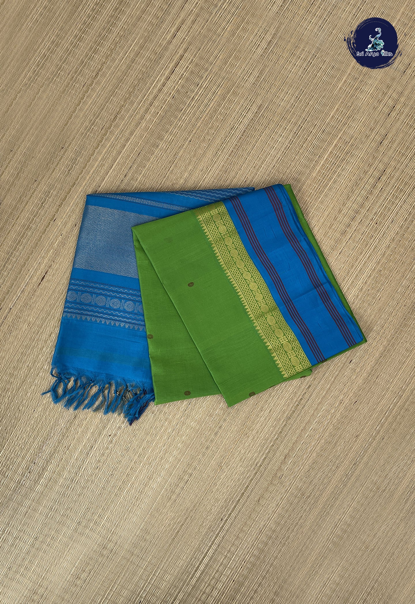 Parrot Green Korvai Silk Cotton Saree With Buttas Pattern