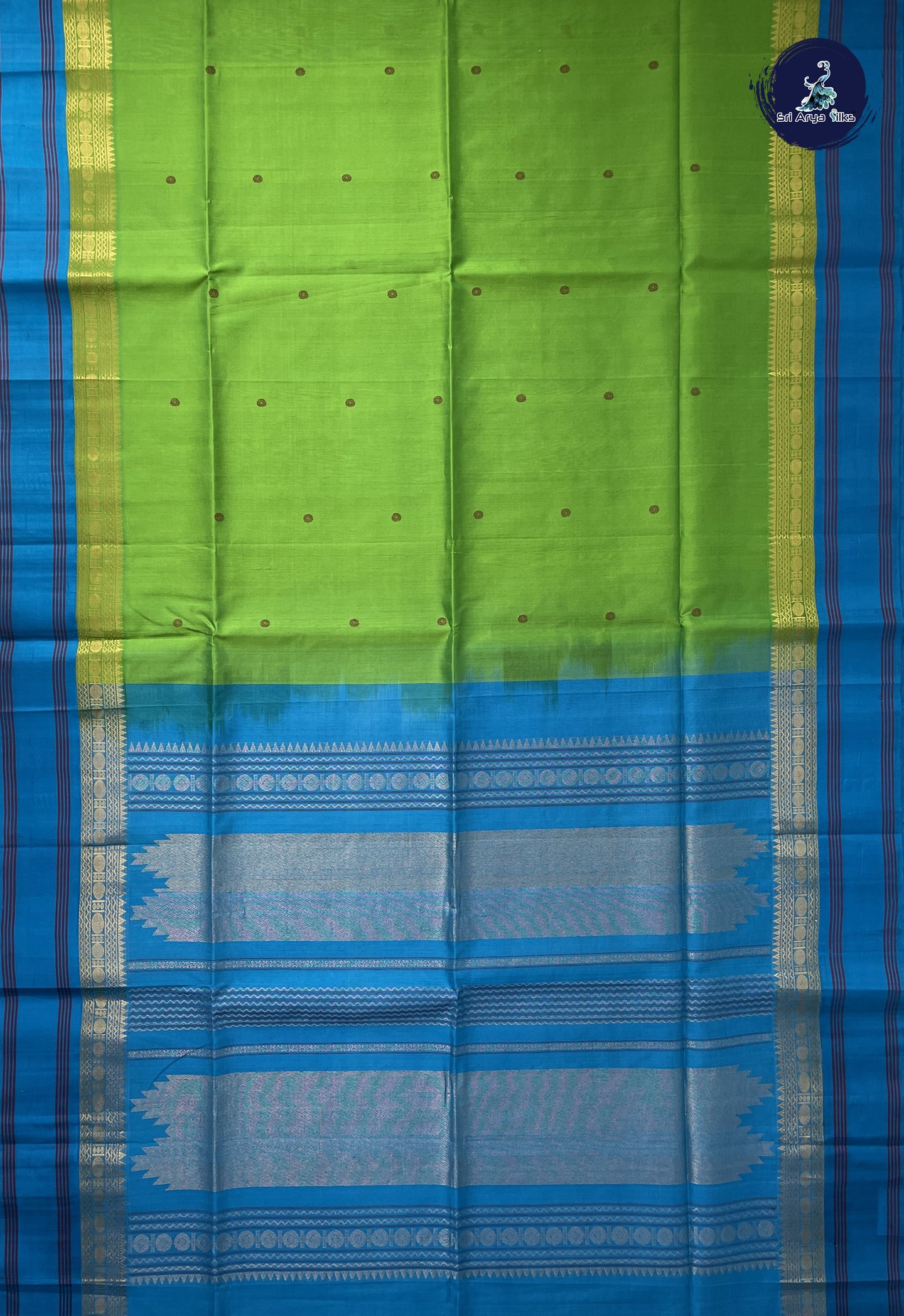 Parrot Green Korvai Silk Cotton Saree With Buttas Pattern