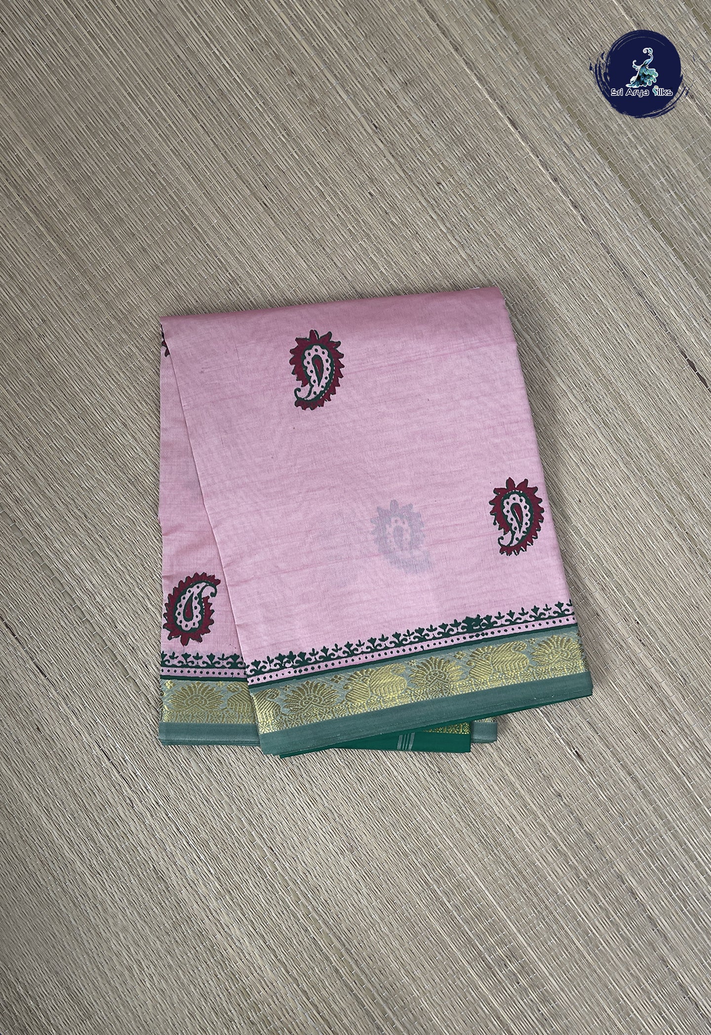 Baby Pink Semi Silk Cotton Saree With Printed Pattern