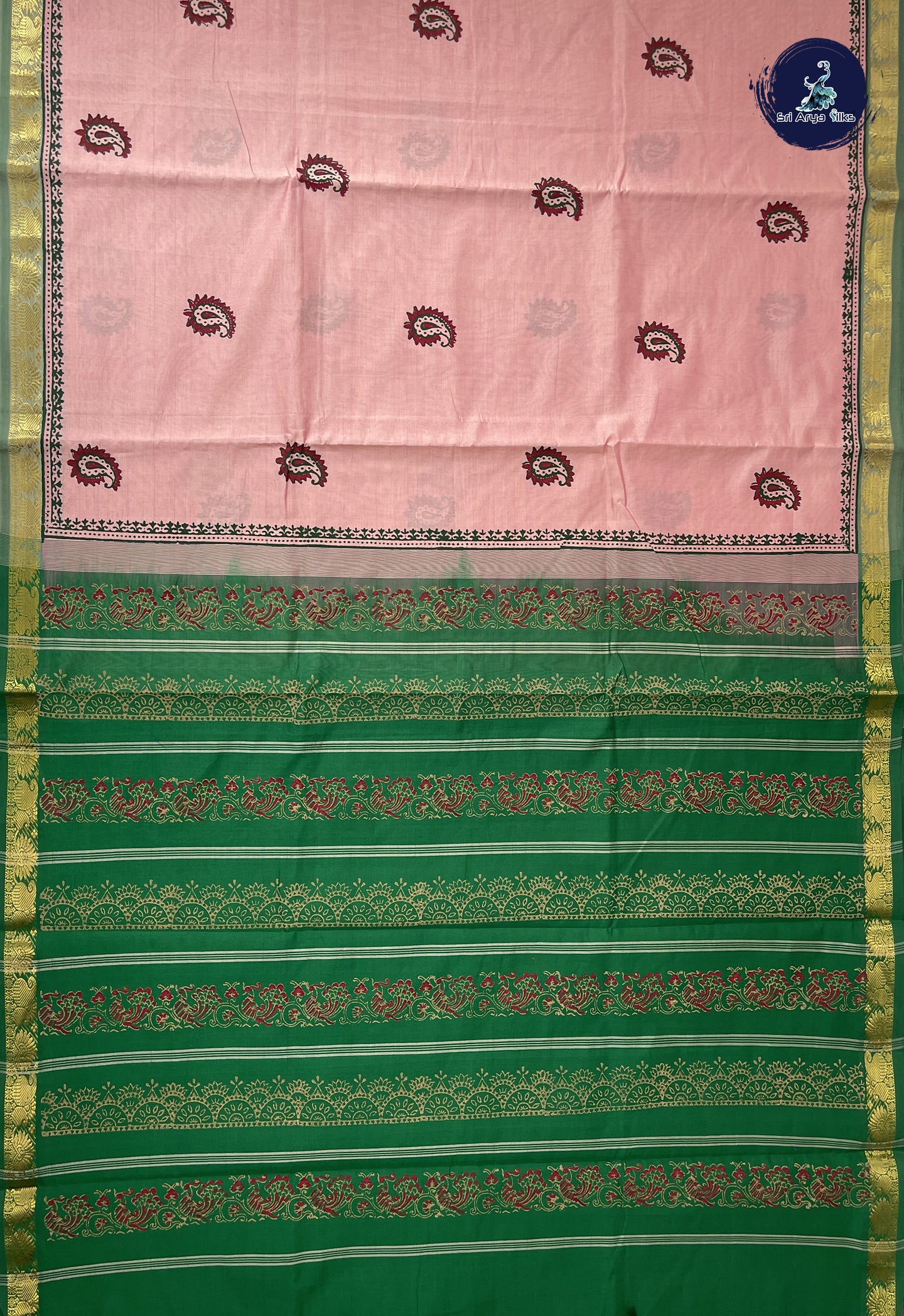 Baby Pink Semi Silk Cotton Saree With Printed Pattern