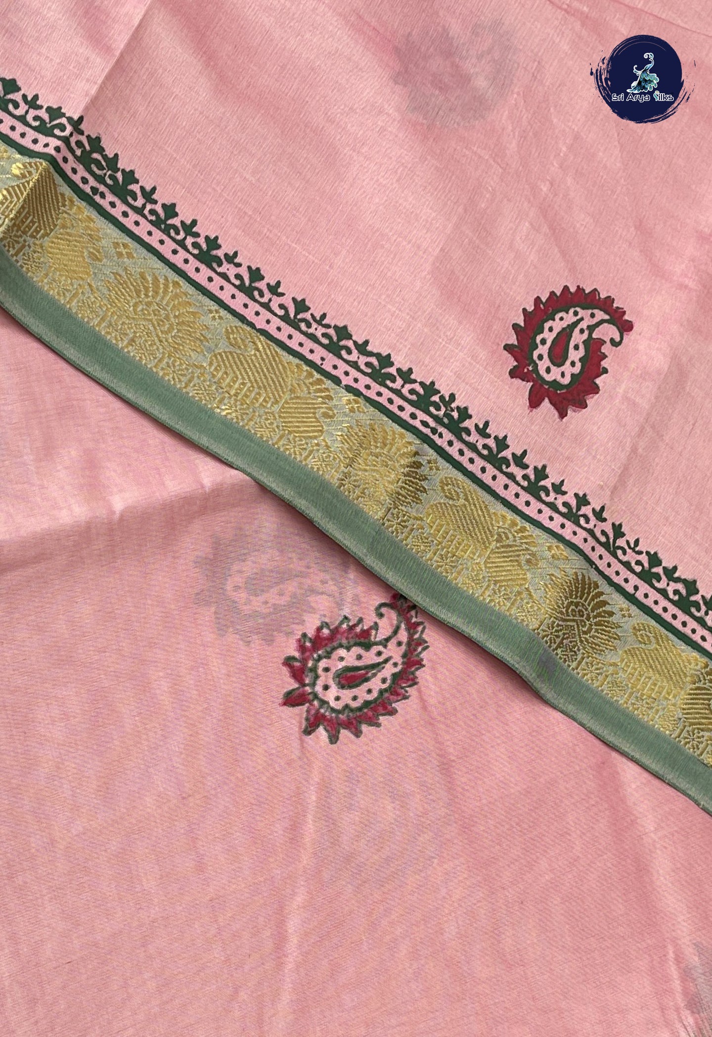 Baby Pink Semi Silk Cotton Saree With Printed Pattern