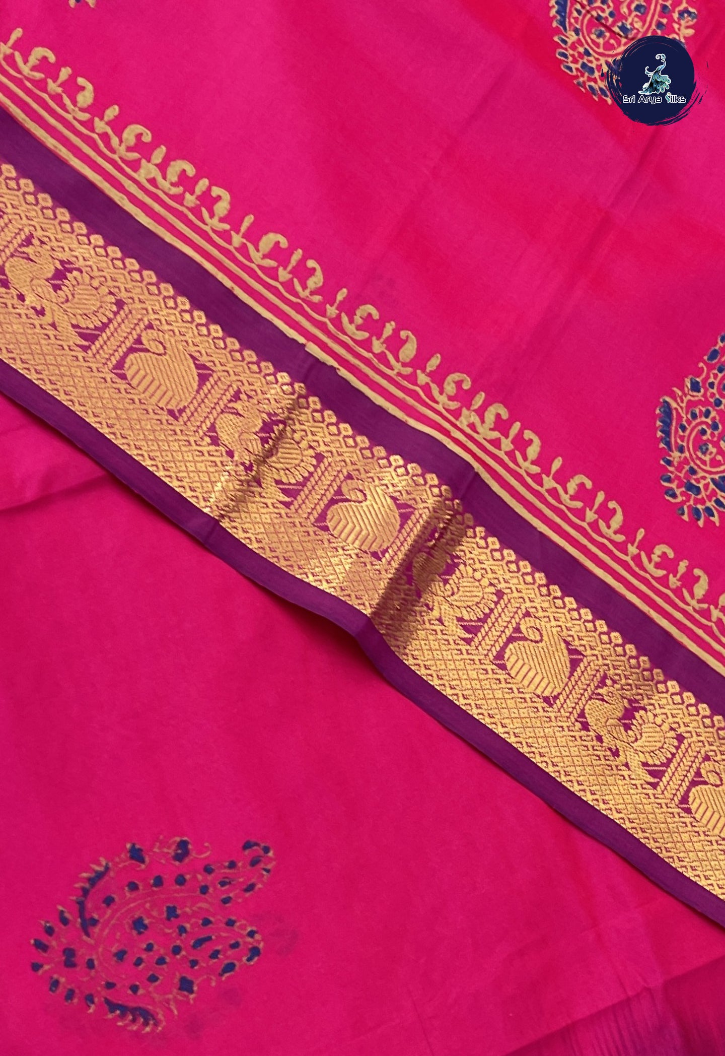 Dark Pink Semi Silk Cotton Saree With Printed Pattern
