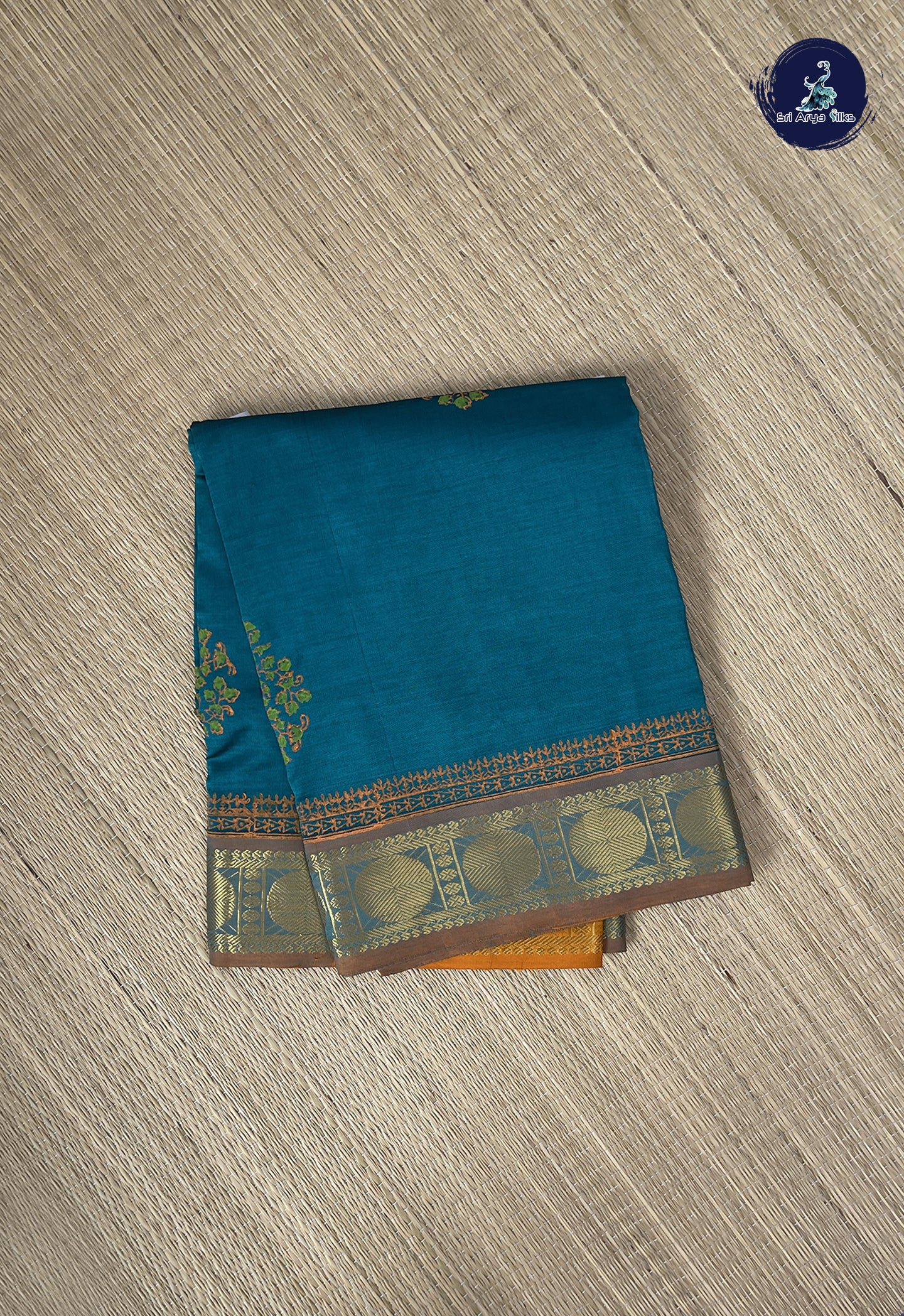 Sapphire Green Semi Silk Cotton Saree With Printed Pattern