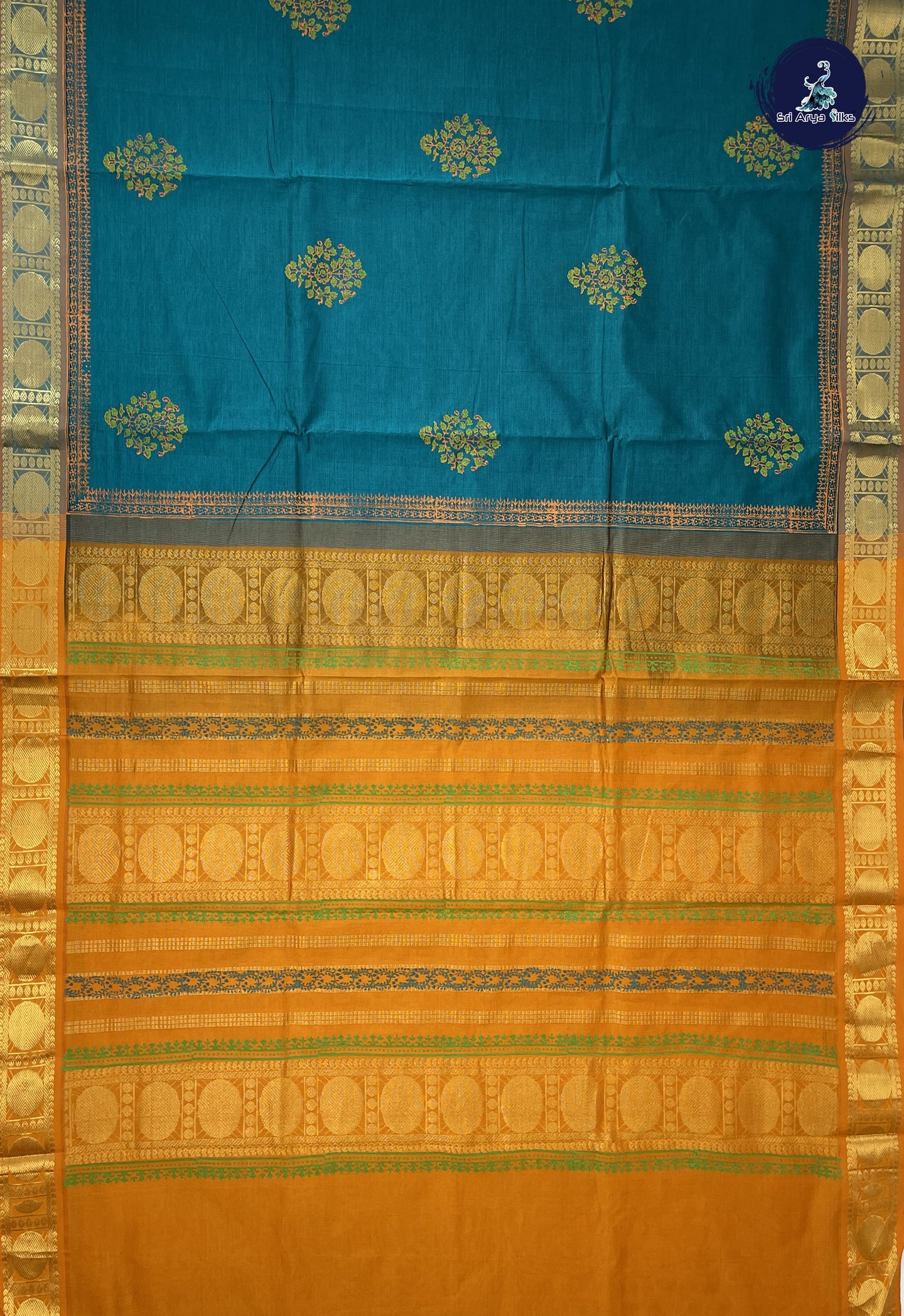 Sapphire Green Semi Silk Cotton Saree With Printed Pattern