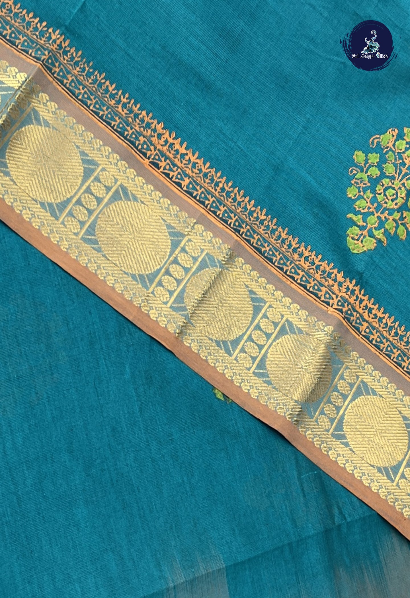 Sapphire Green Semi Silk Cotton Saree With Printed Pattern