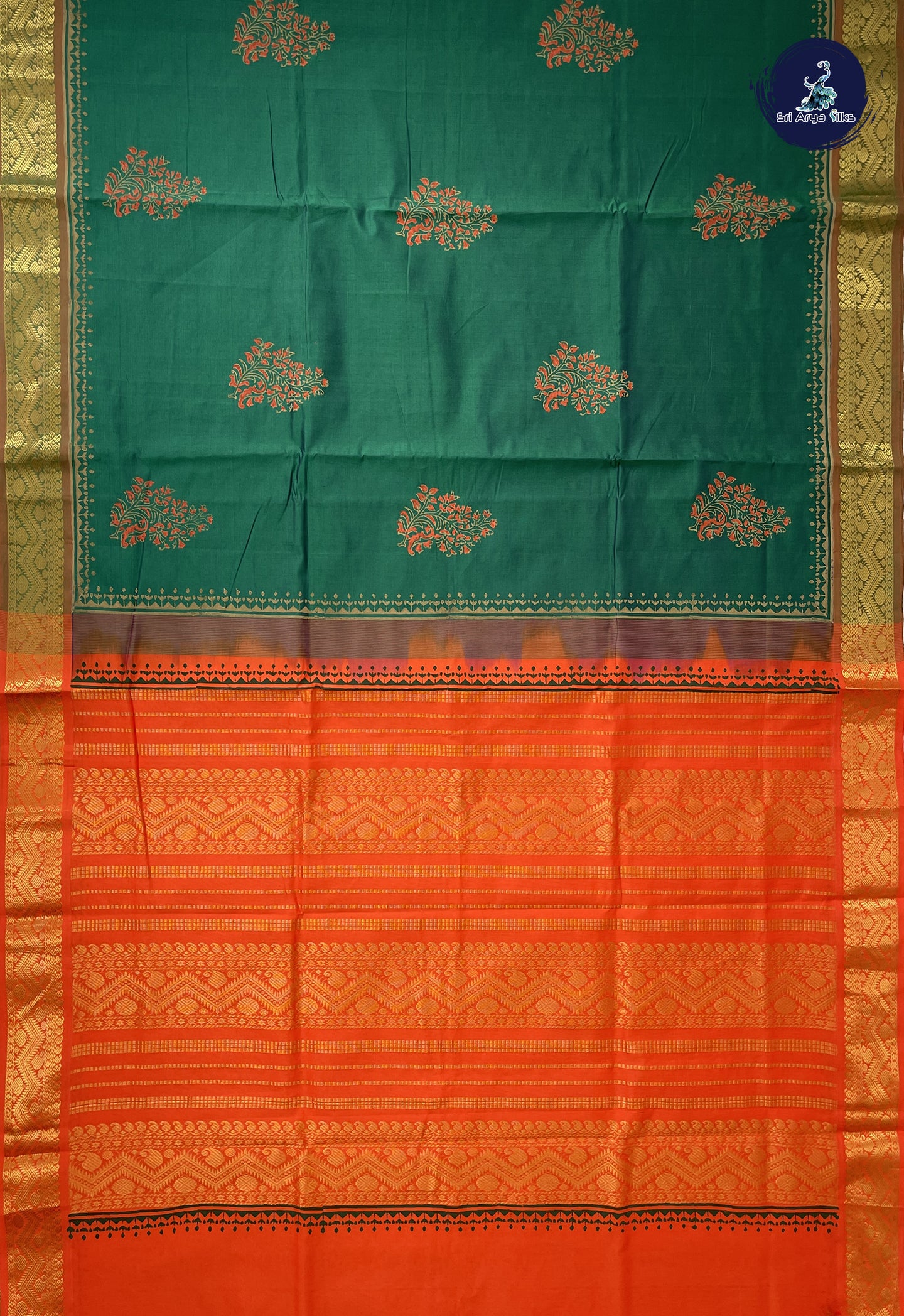 Dark Green Semi Silk Cotton Saree With Printed Pattern