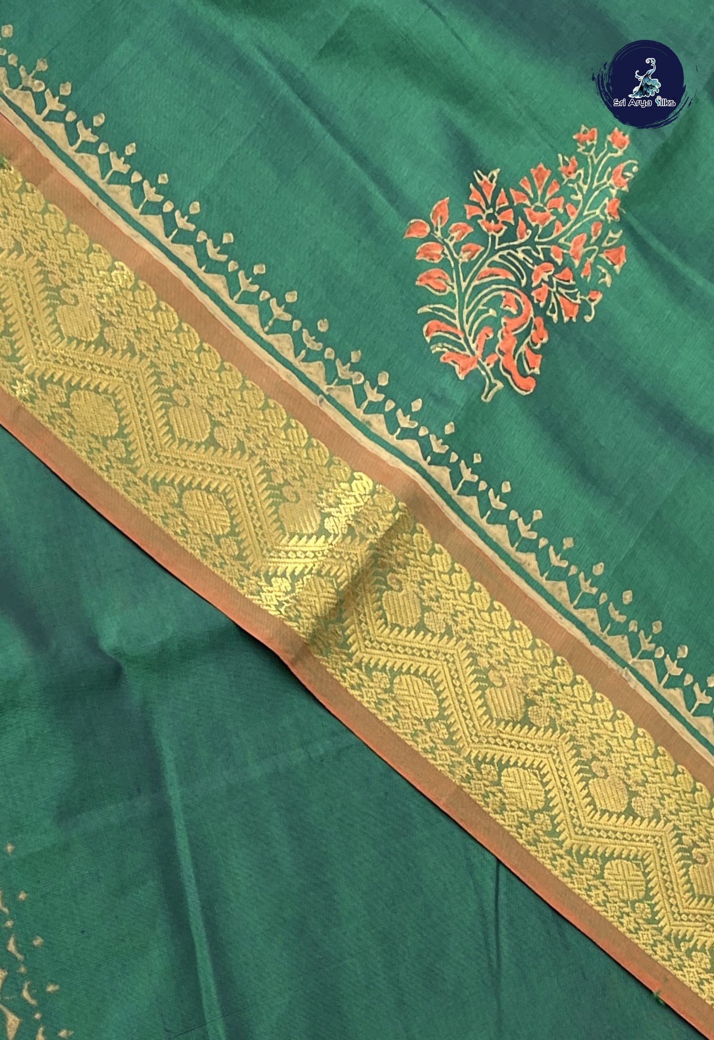 Dark Green Semi Silk Cotton Saree With Printed Pattern