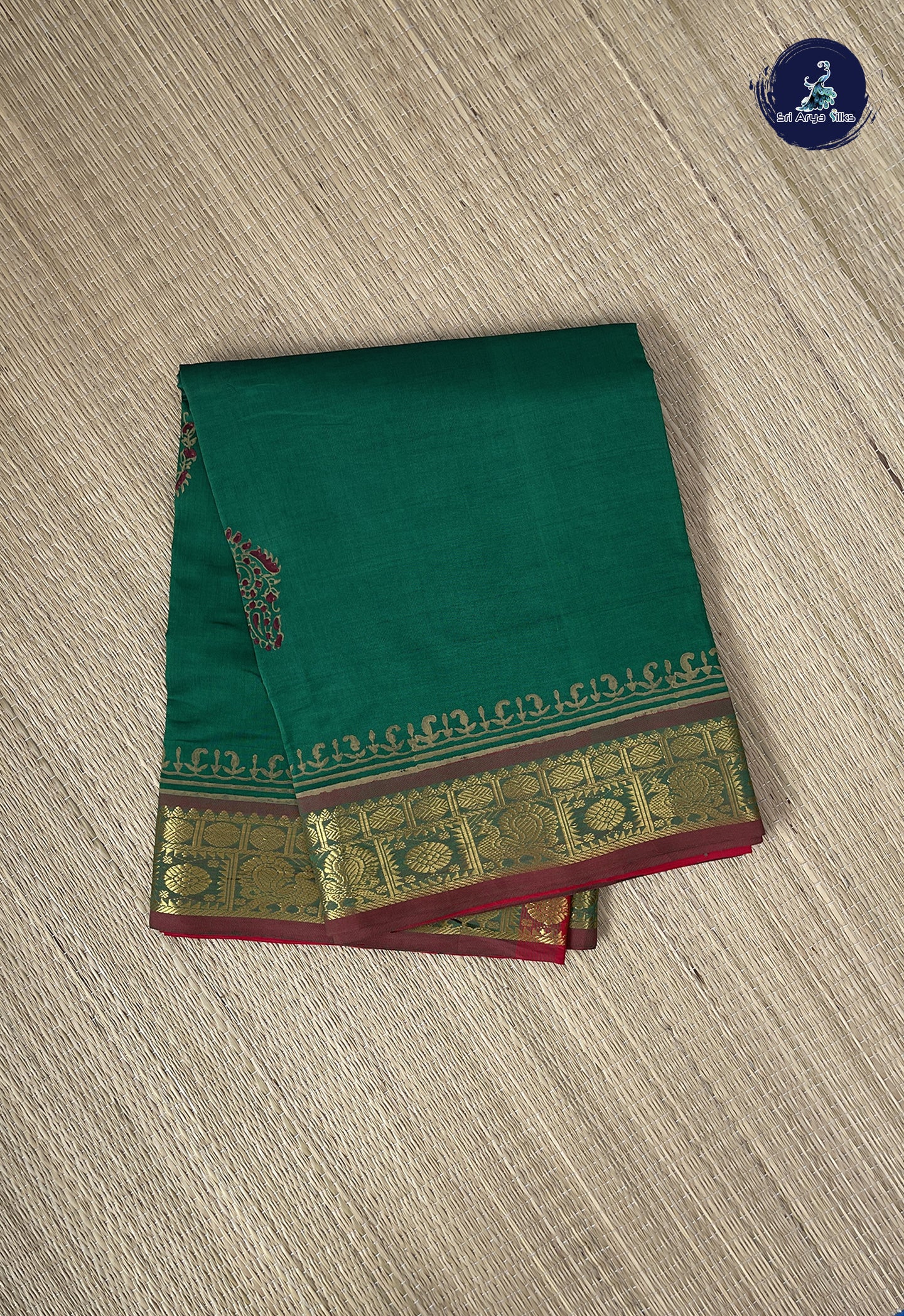 Dark Green Semi Silk Cotton Saree With Printed Pattern