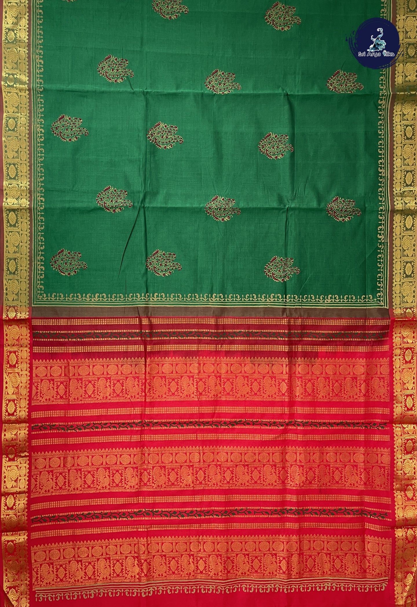 Dark Green Semi Silk Cotton Saree With Printed Pattern
