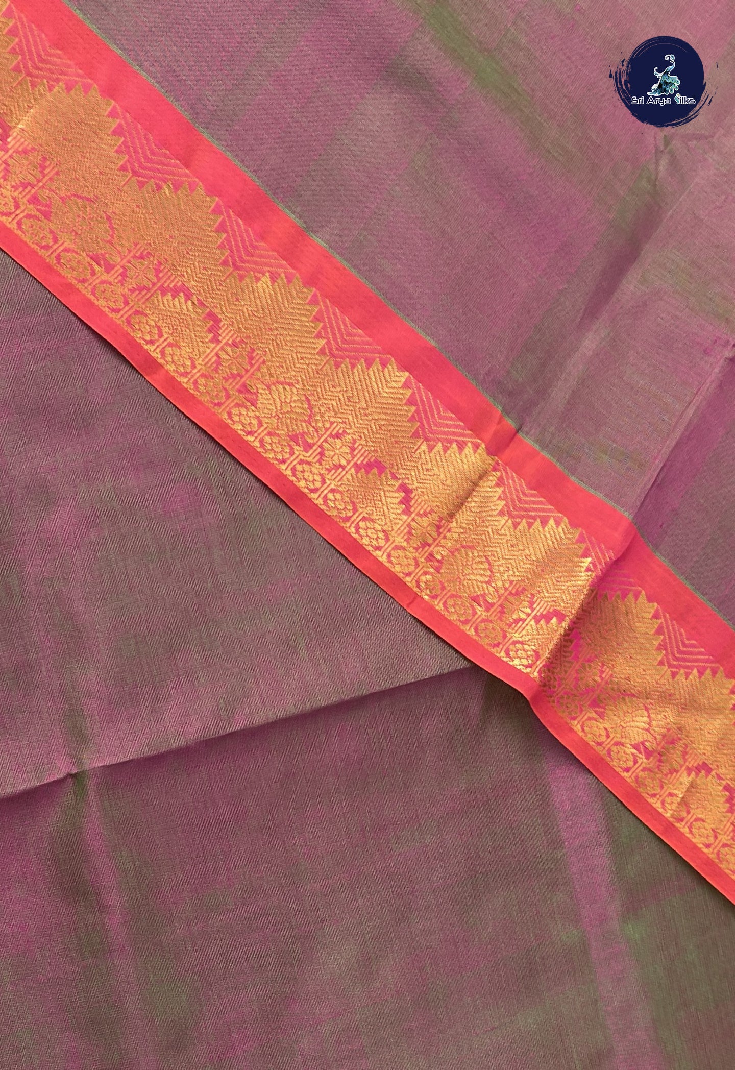 Greenish Pink Simple Silk Cotton Saree With Plain Pattern
