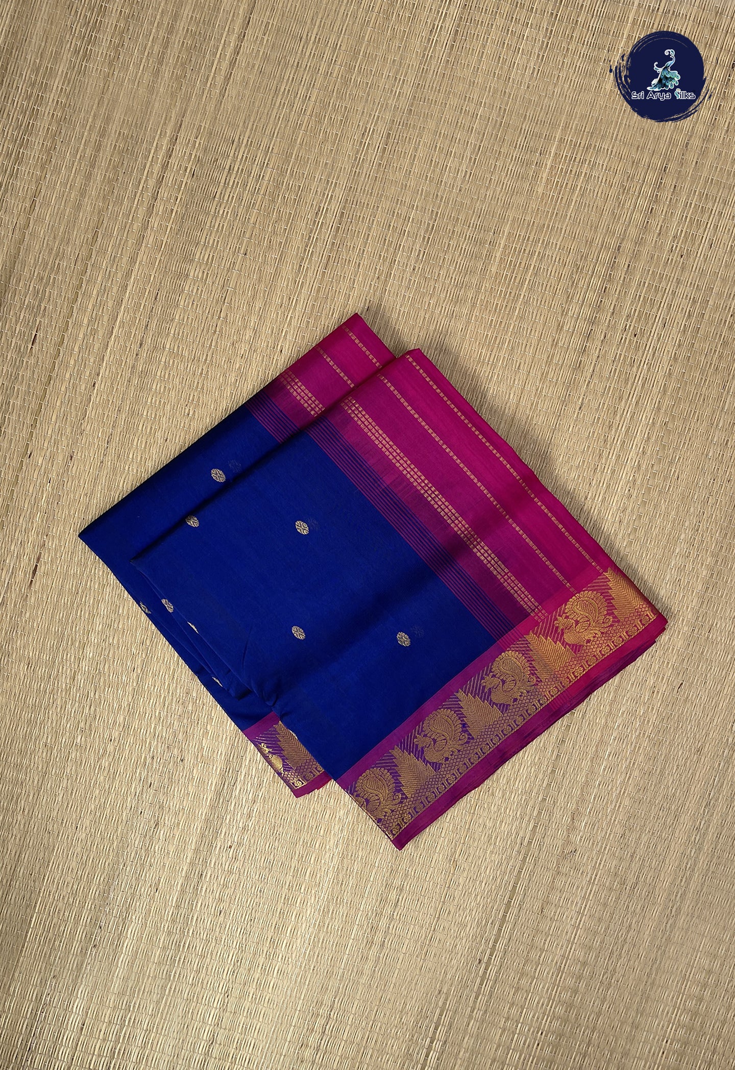 Dark Blue Simple Silk Cotton Saree With Zari Buttas Pattern
