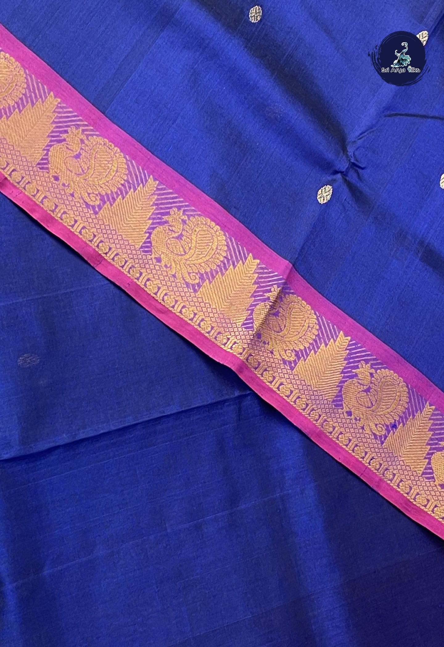 Dark Blue Simple Silk Cotton Saree With Zari Buttas Pattern