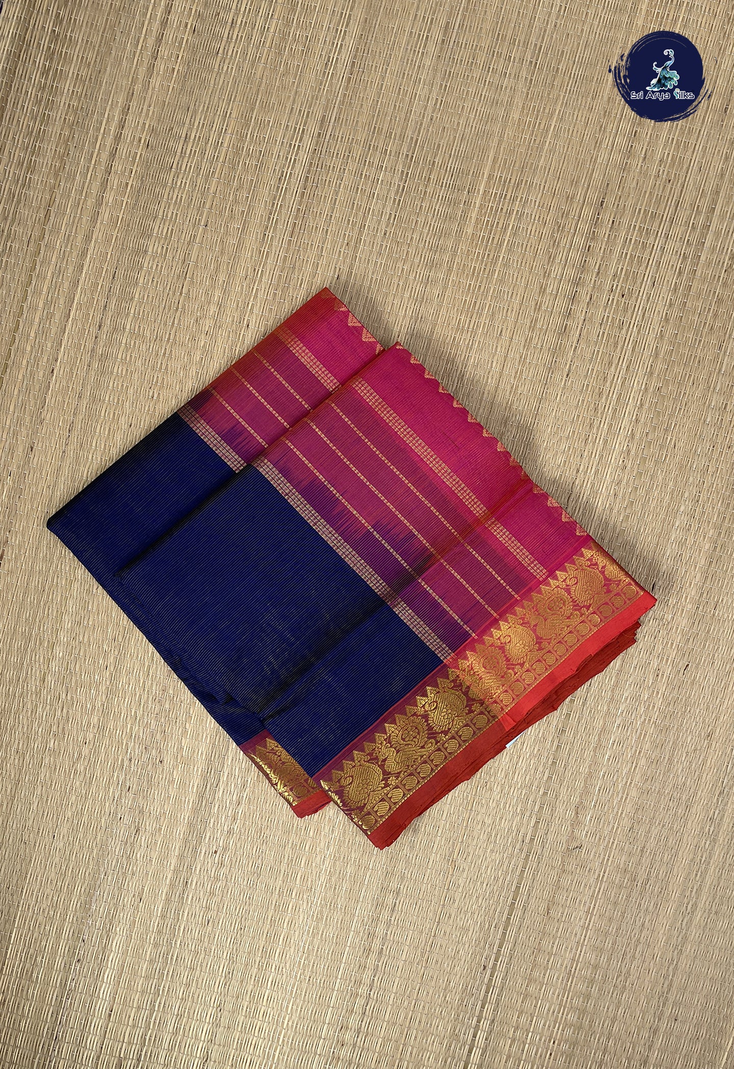 Dark Blue Vaira Oosi Silk Cotton Saree With Vaira Oosi Pattern