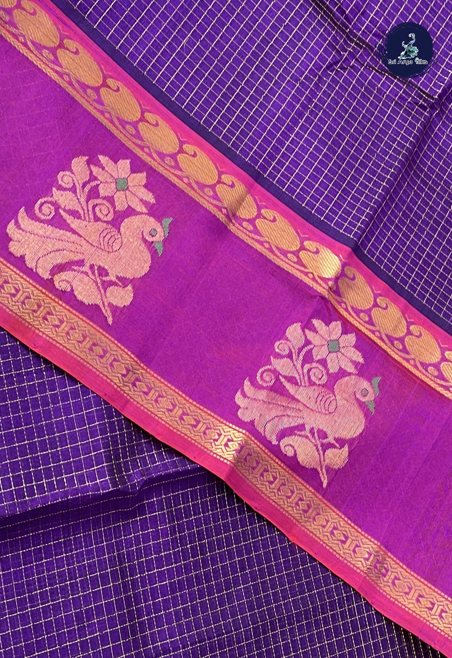 Dark Violet Checked Saree With Zari Checked Pattern