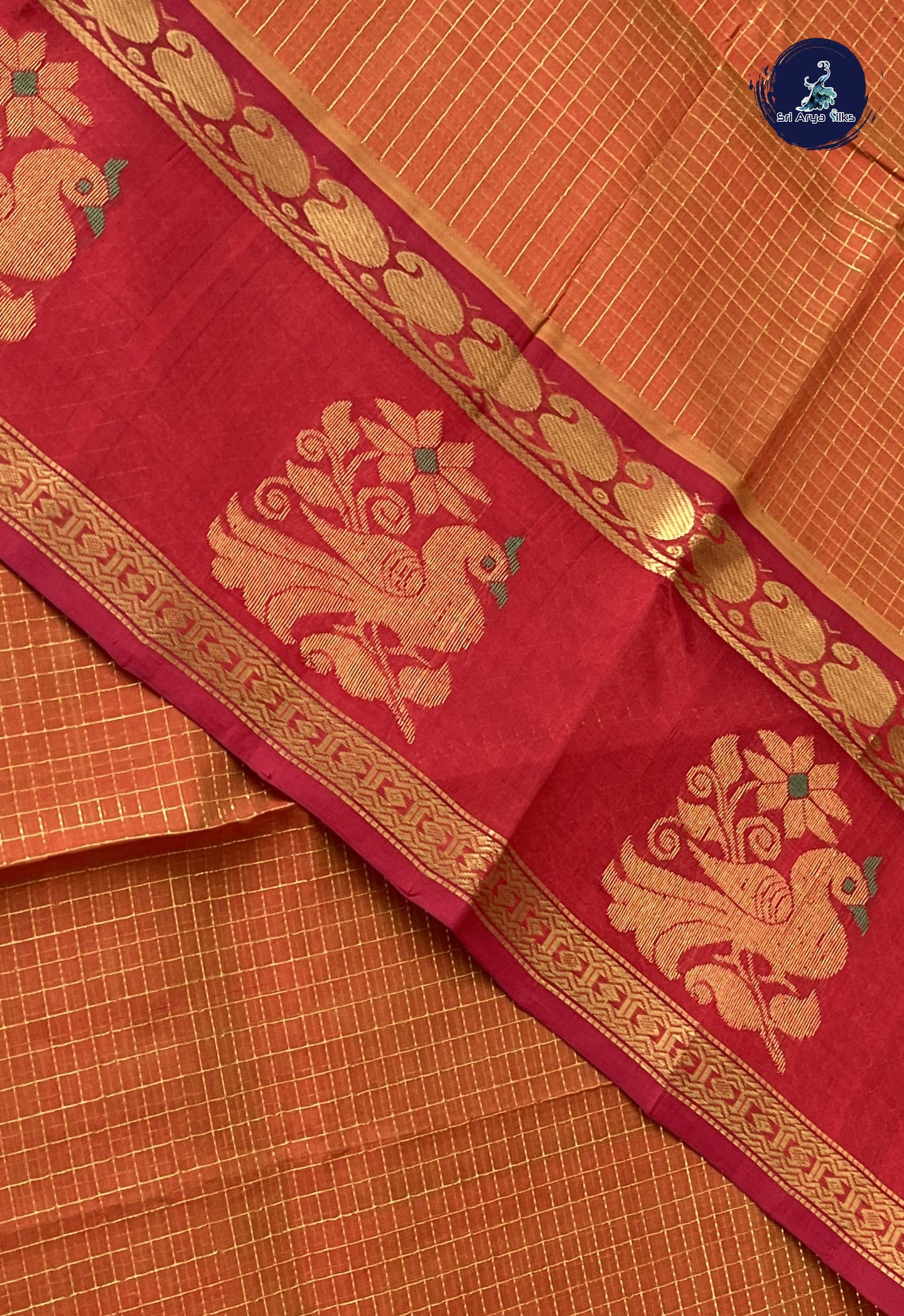 Orange Checked Saree With Zari Checked Pattern
