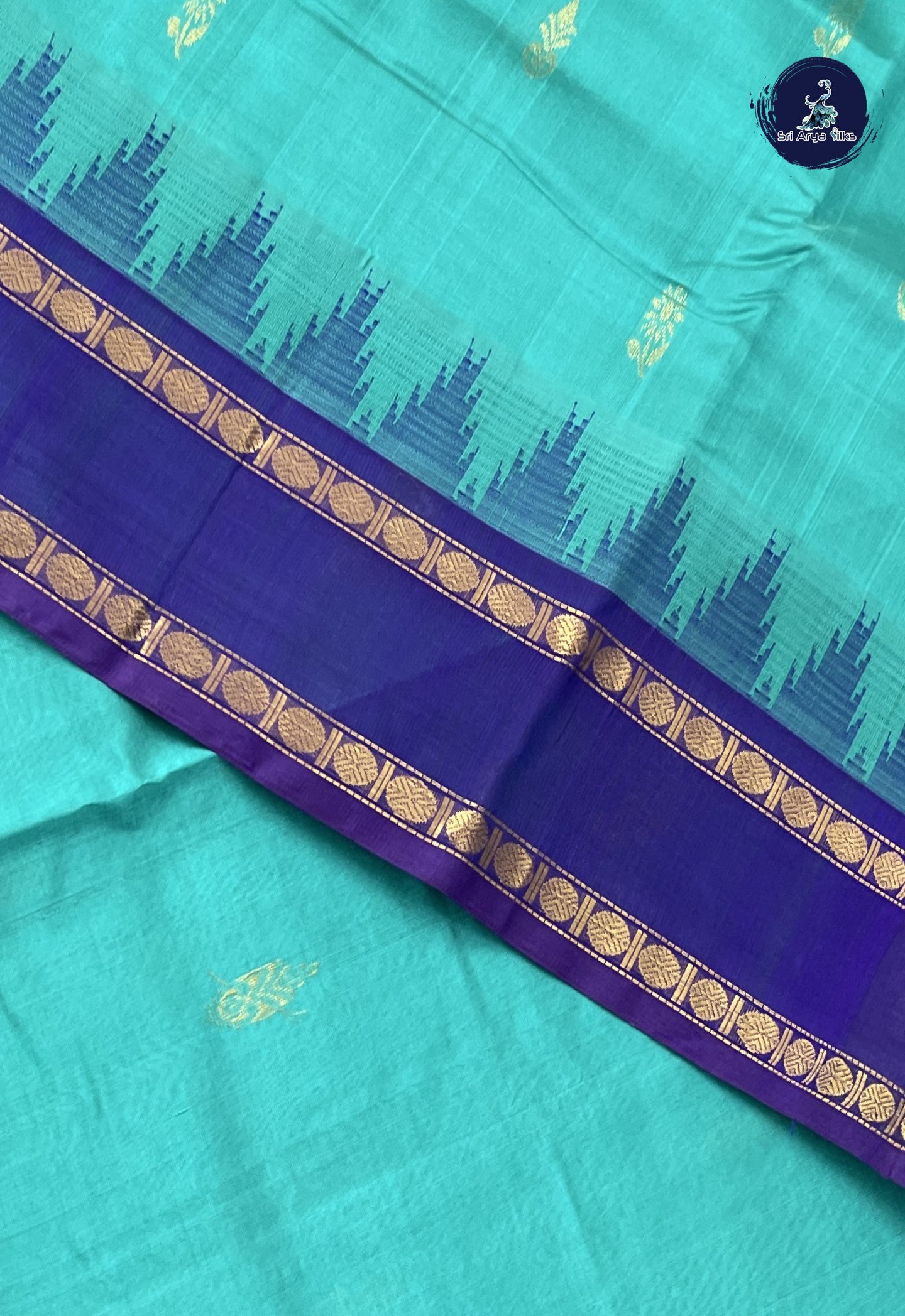 Teal Blue Korvai Silk Cotton Saree With Zari Buttas Pattern