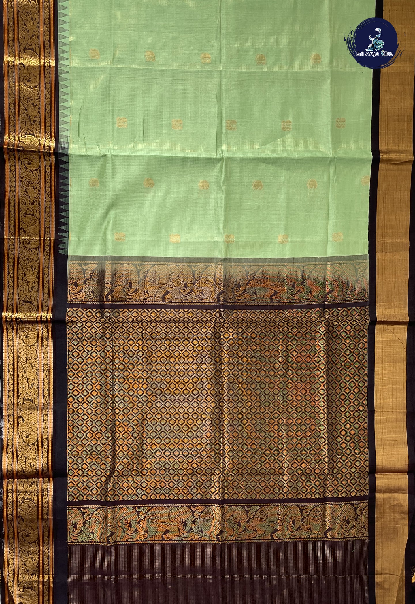 Pastel Green Vaira Oosi Silk Cotton Saree With Vaira Oosi Pattern
