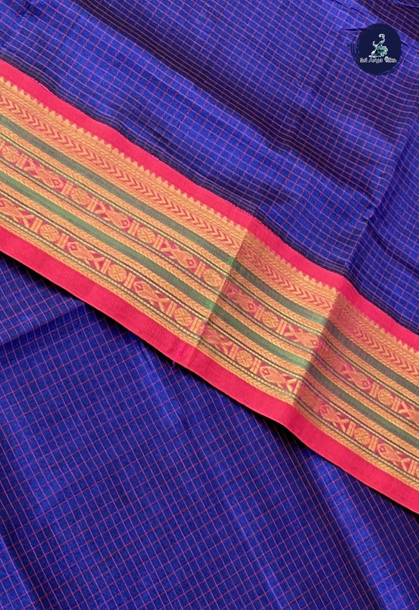 Dark Blue Checked Saree With Checked Pattern