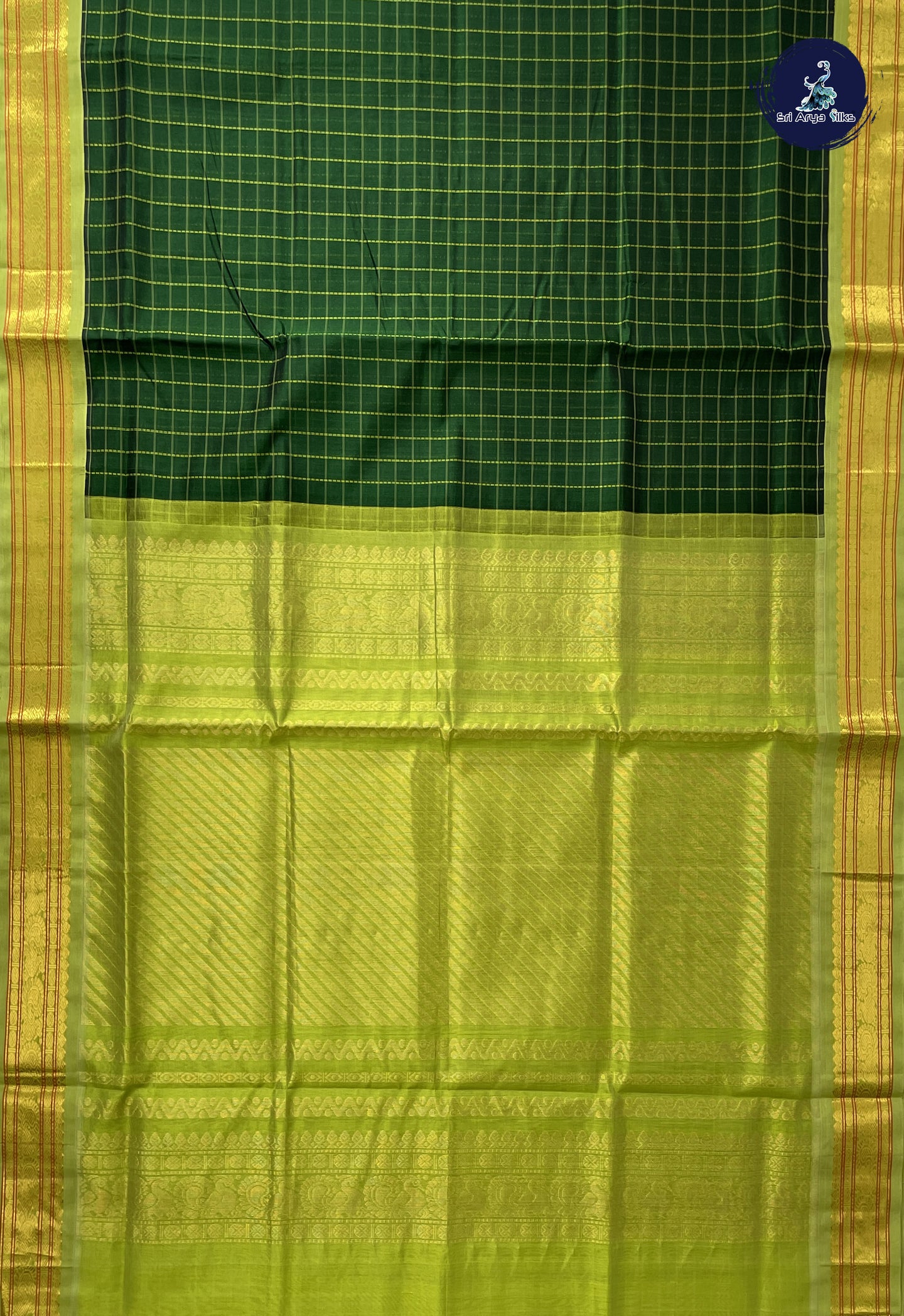 Bottle Green Checked Saree With Checked Pattern