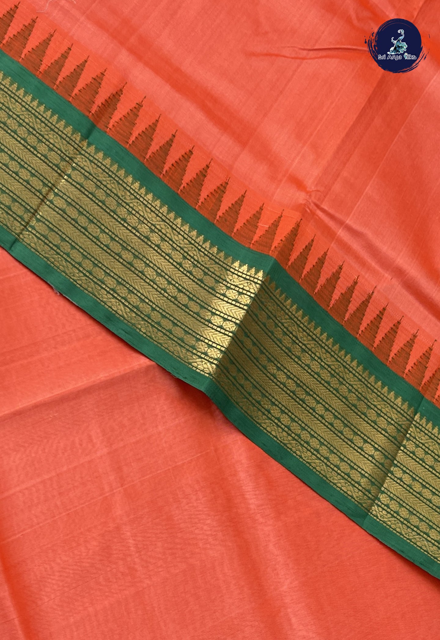 Orange Korvai Silk Cotton Saree With Plain Pattern