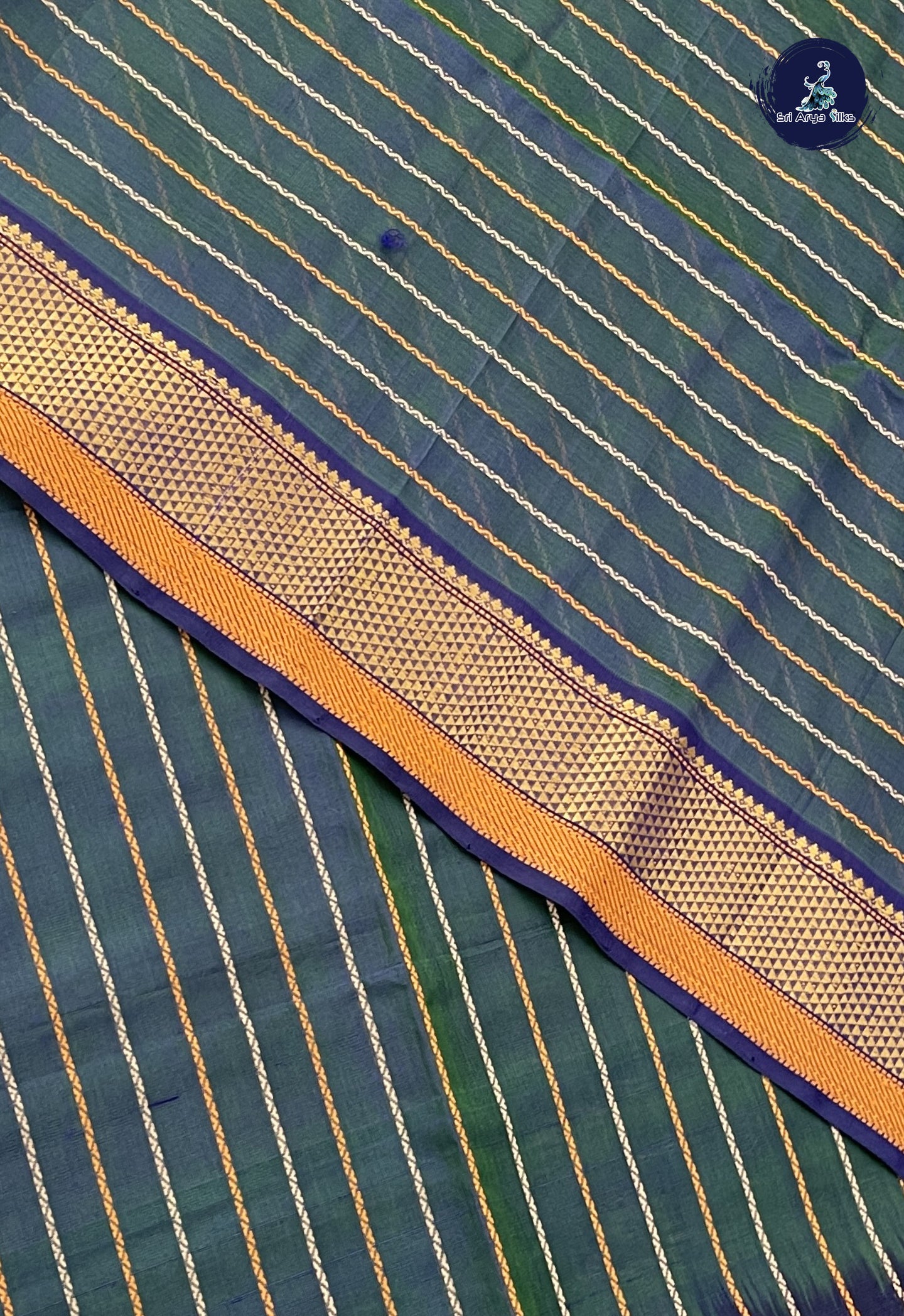 Peacock Blue Bridal Silk Cotton Saree With Veldhari Stripes Pattern