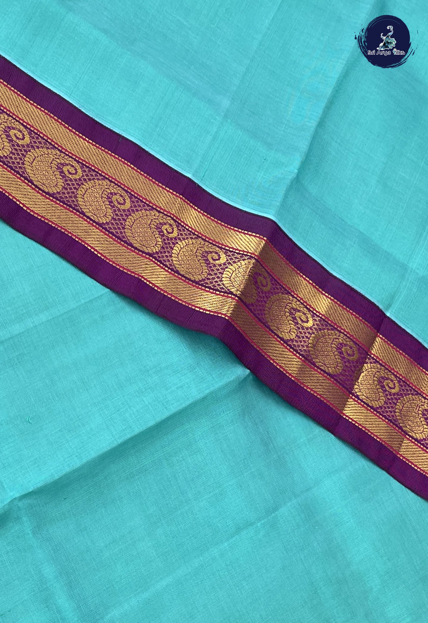 Blue Korvai Silk Cotton Saree With Plain Pattern