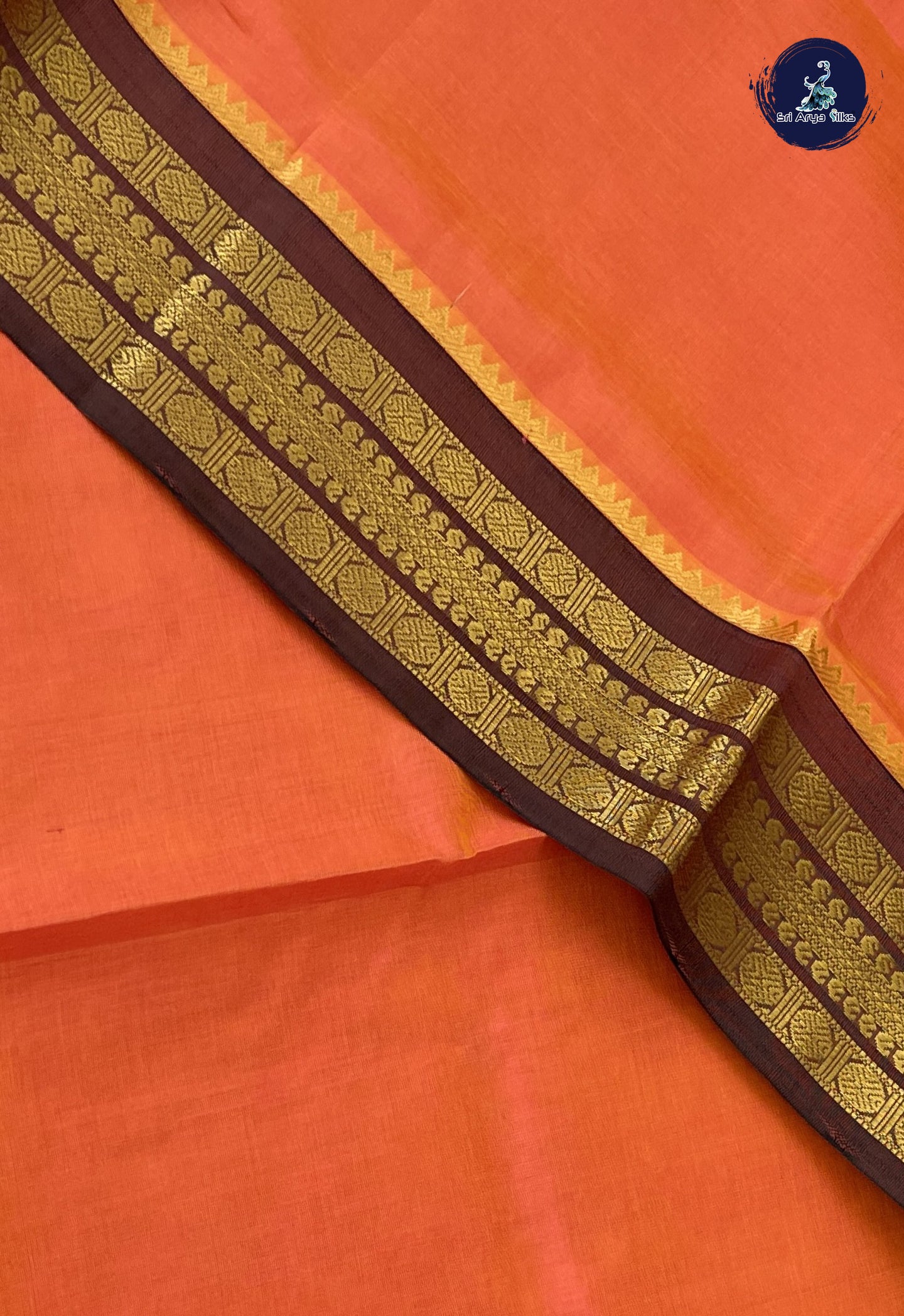 Orange Korvai Silk Cotton Saree With Plain Pattern