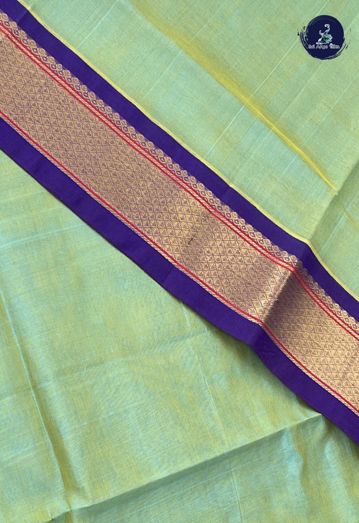 Bluish Green Korvai Silk Cotton Saree With Plain Pattern
