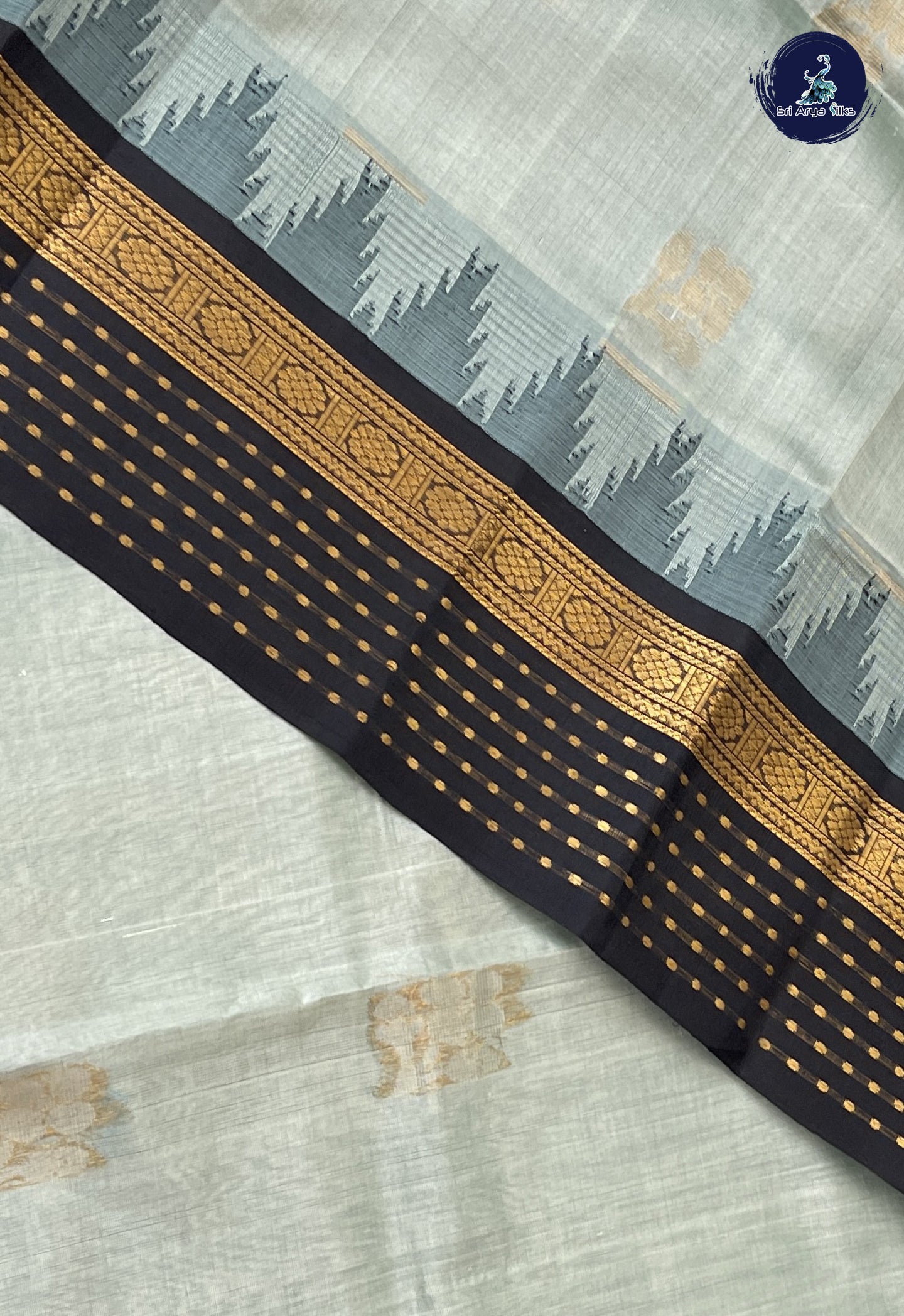 Greenish Grey Korvai Silk Cotton Saree With Zari Buttas Pattern
