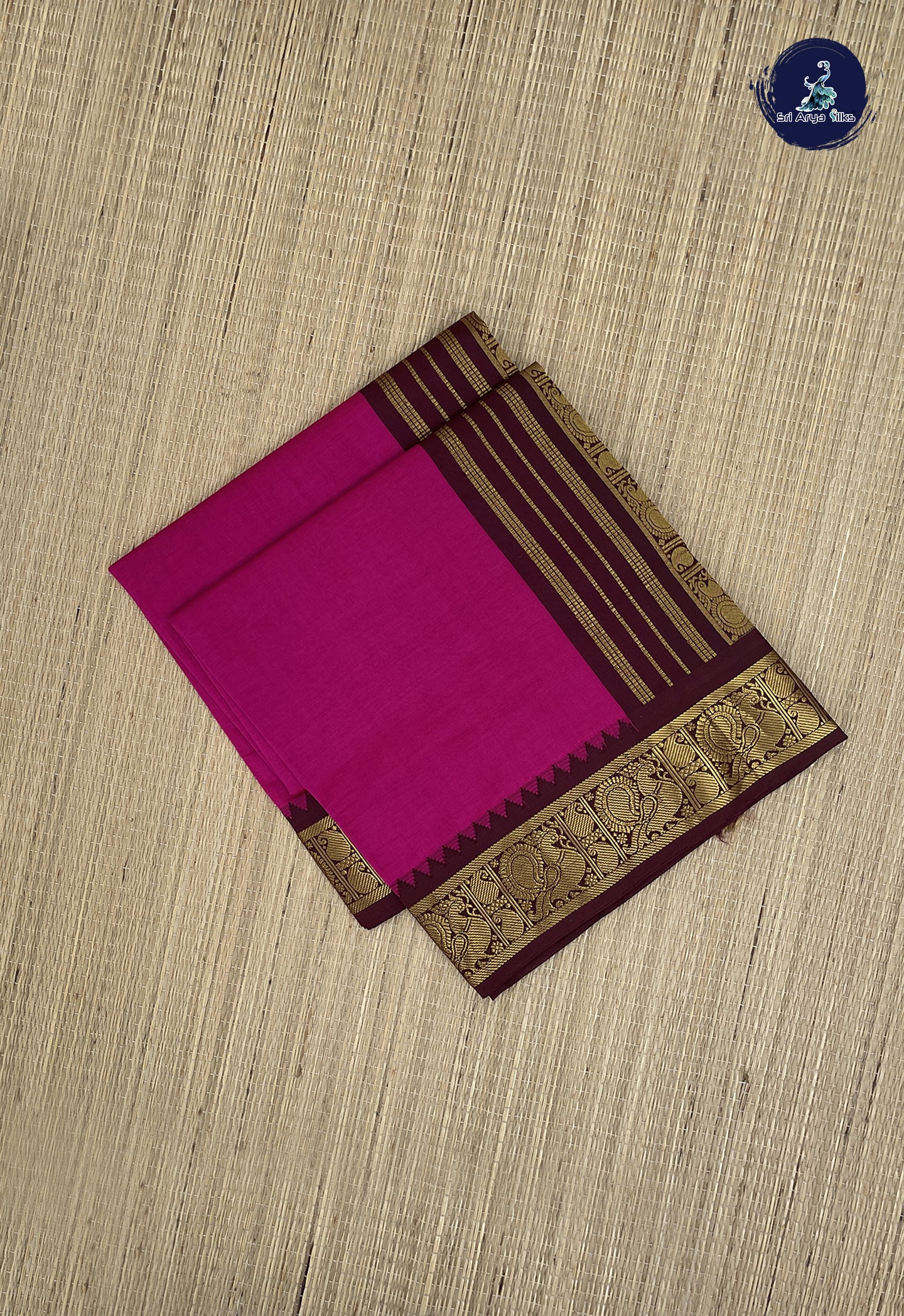 Dark Pink Kanchi Semi Silk Cotton Saree With Plain Pattern