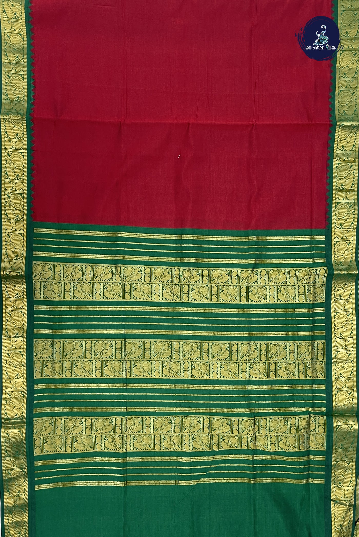 Red Kanchi Semi Silk Cotton Saree With Plain Pattern