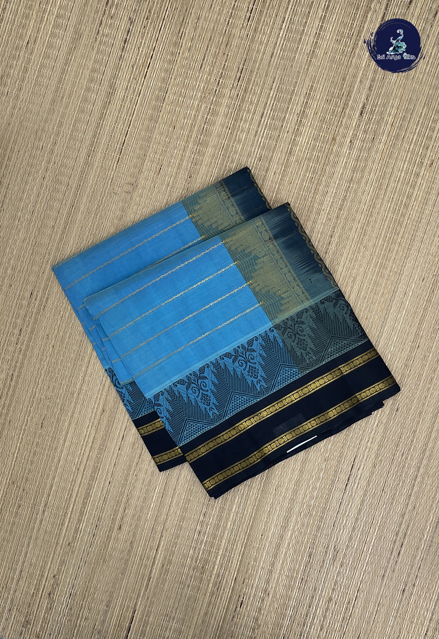 Blue Korvai Silk Cotton Saree With Veldhari Stripes Pattern