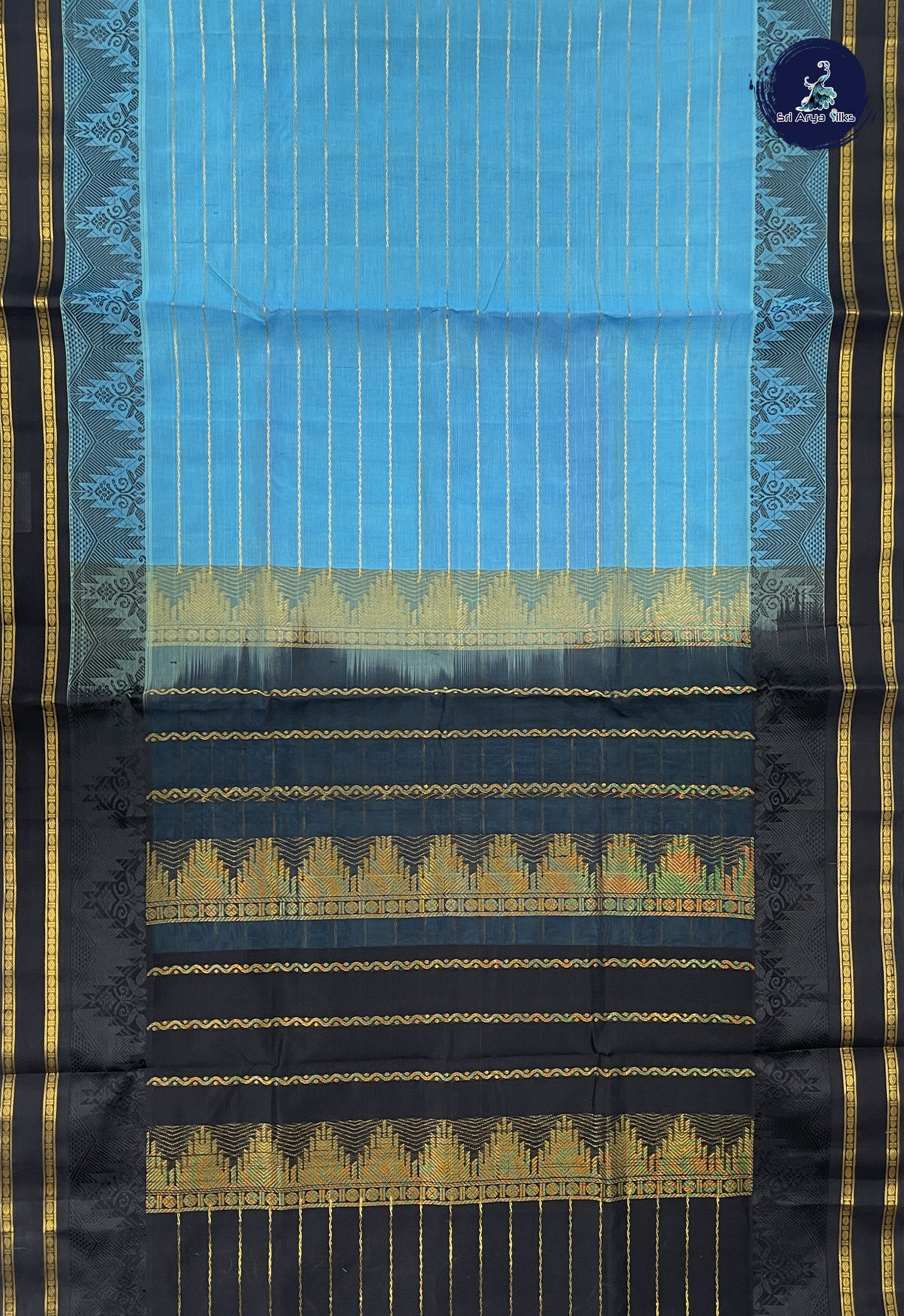 Blue Korvai Silk Cotton Saree With Veldhari Stripes Pattern