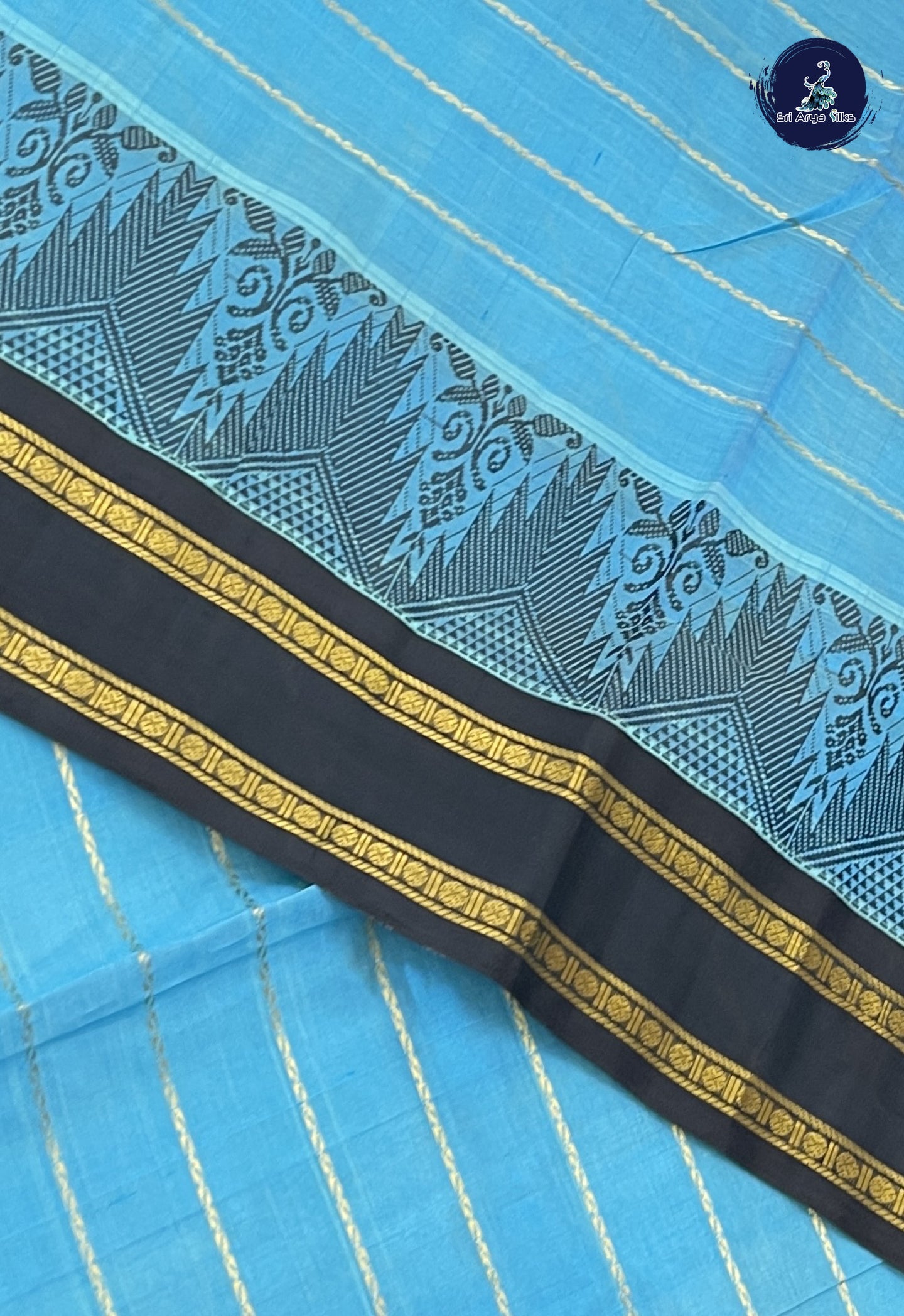Blue Korvai Silk Cotton Saree With Veldhari Stripes Pattern