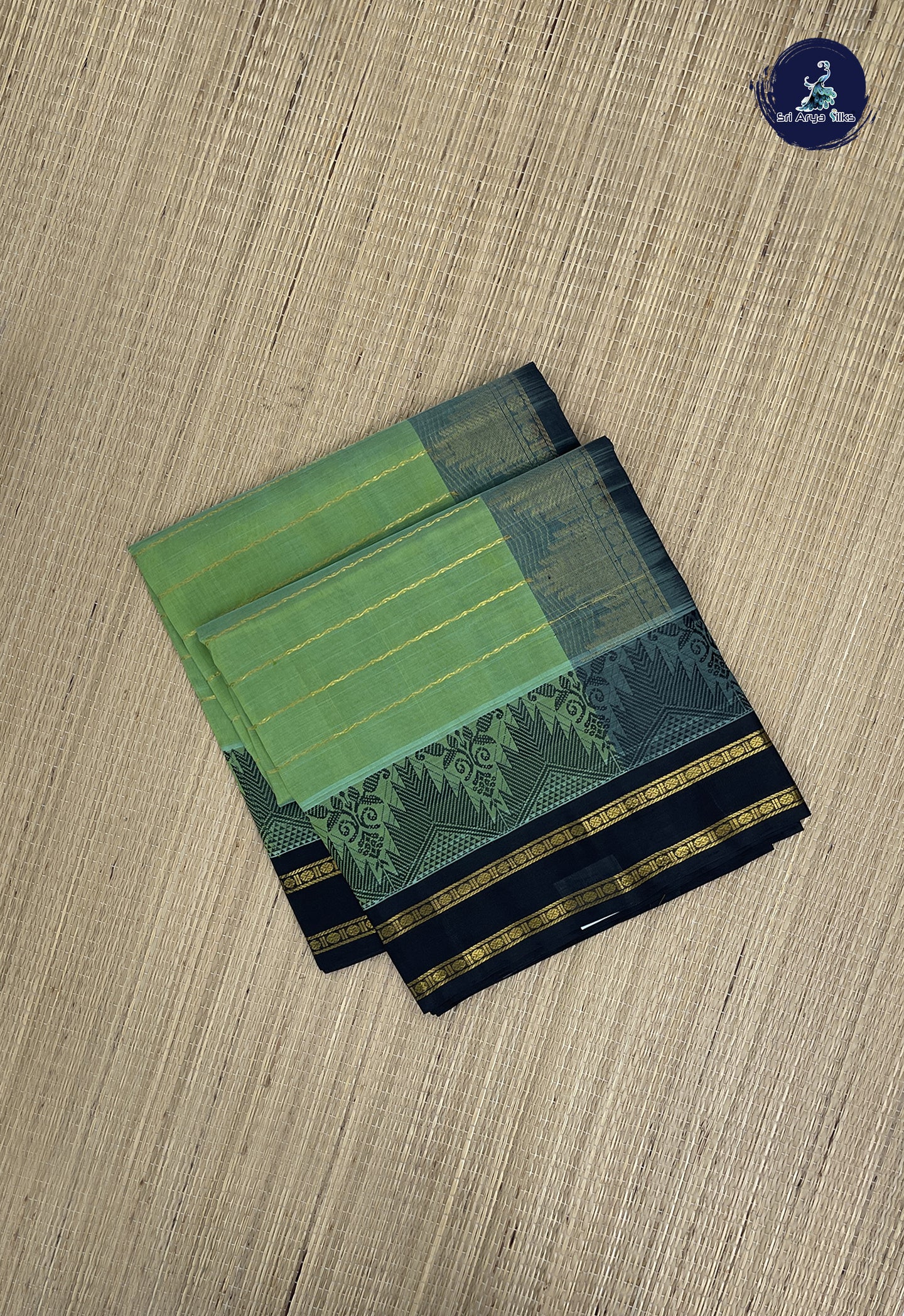 Elaichi Green Korvai Silk Cotton Saree With Veldhari Stripes Pattern