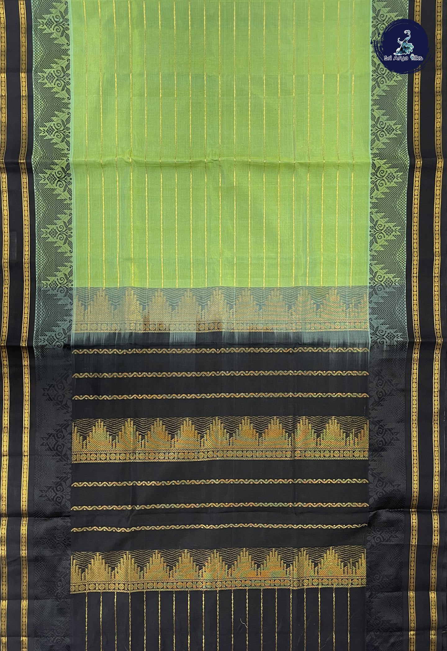 Elaichi Green Korvai Silk Cotton Saree With Veldhari Stripes Pattern